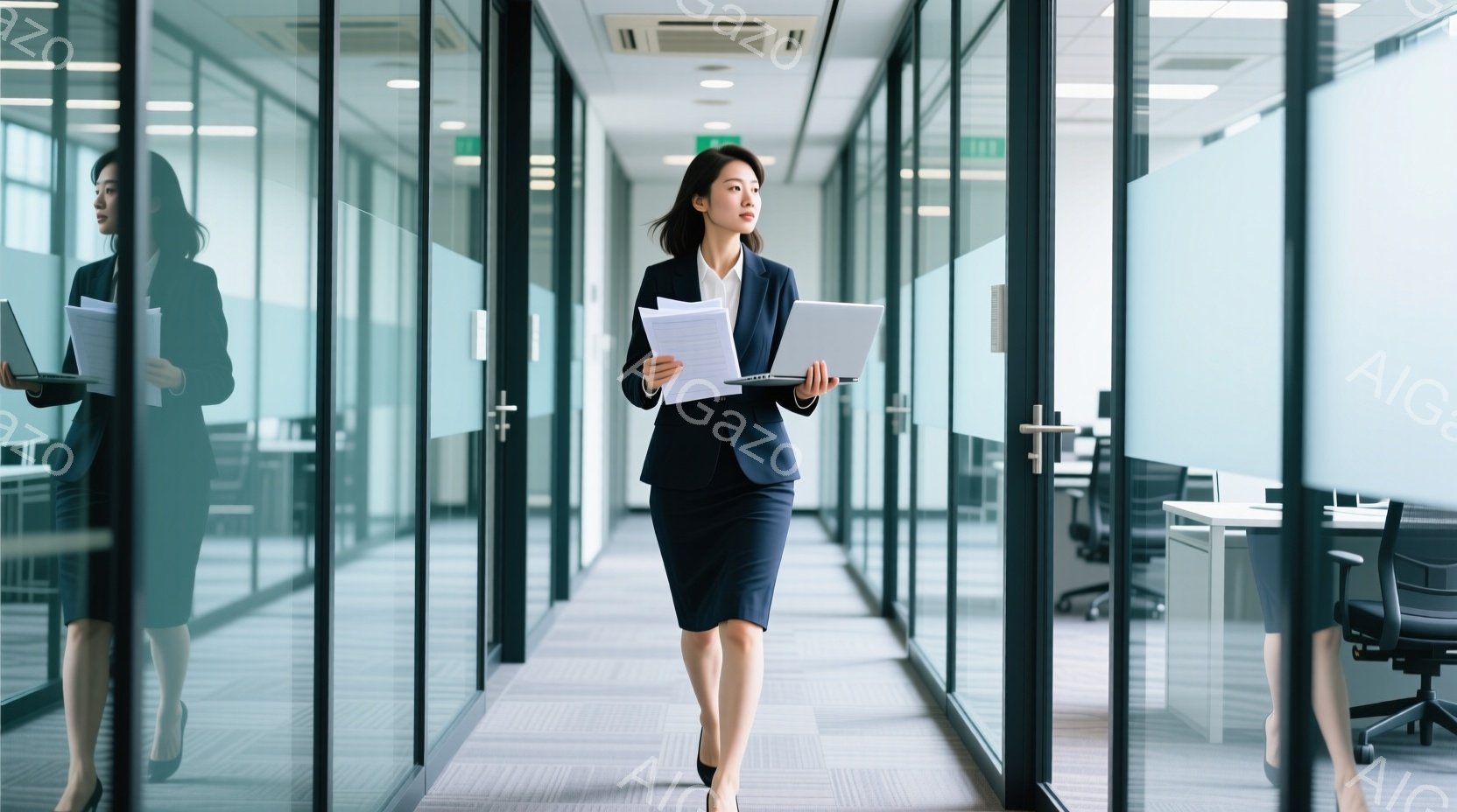 スーツを着た女性がオフィス内を歩いている。彼女は黒いジャケットとスカートを着用し、書類を手に持っている。背景はガラス張りのオフィスで、モダンでプロフェッショナルな雰囲気が漂っている。 - AI生成フリー素材