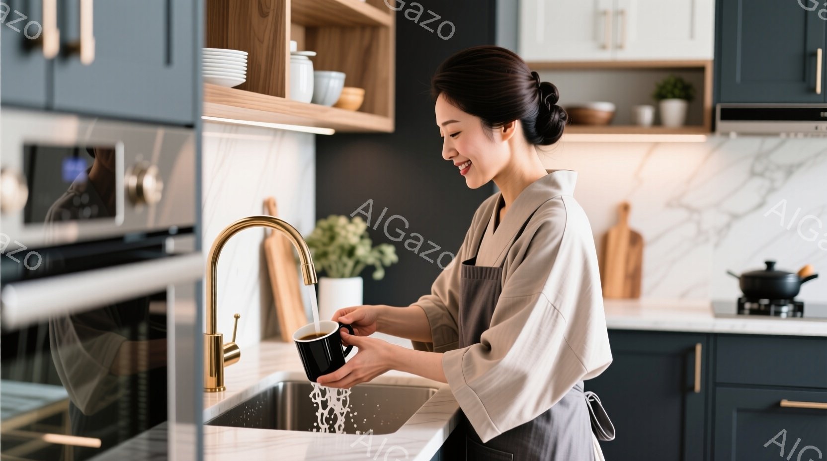 キッチンで女性が黒いマグカップを洗っています。ベージュ色のシャツとエプロンを着ており、髪はきっちりと後ろで束ねられています。背景には、モダンなデザインのキャビネットや調理器具が配置されており、明るく清潔な雰囲気です。