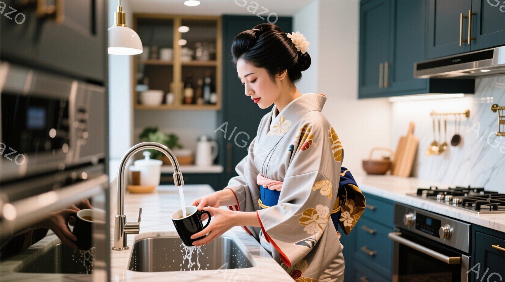 白い花飾りをつけたアップスタイルで、クリーム色の模様が入った着物を着た女性が映っている。彼女はキッチンでマグカップを洗い、水がカップの中に流れ込んでいる。背景には、明るい色調のキャビネットとステンレス製のキッチン家電があり、全体的に落ち着いた、洗練された雰囲気である。