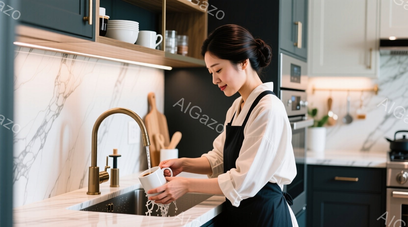 白いブラウスと黒いエプロンを身に着けた女性が、キッチンでマグカップを洗っています。彼女は少し身をかがめており、真剣な表情で丁寧に洗い物をしています。背景には白い大理石のカウンター、黒いキャビネット、そして調理器具が見え、全体的に清潔感があり、落ち着いた雰囲気です。