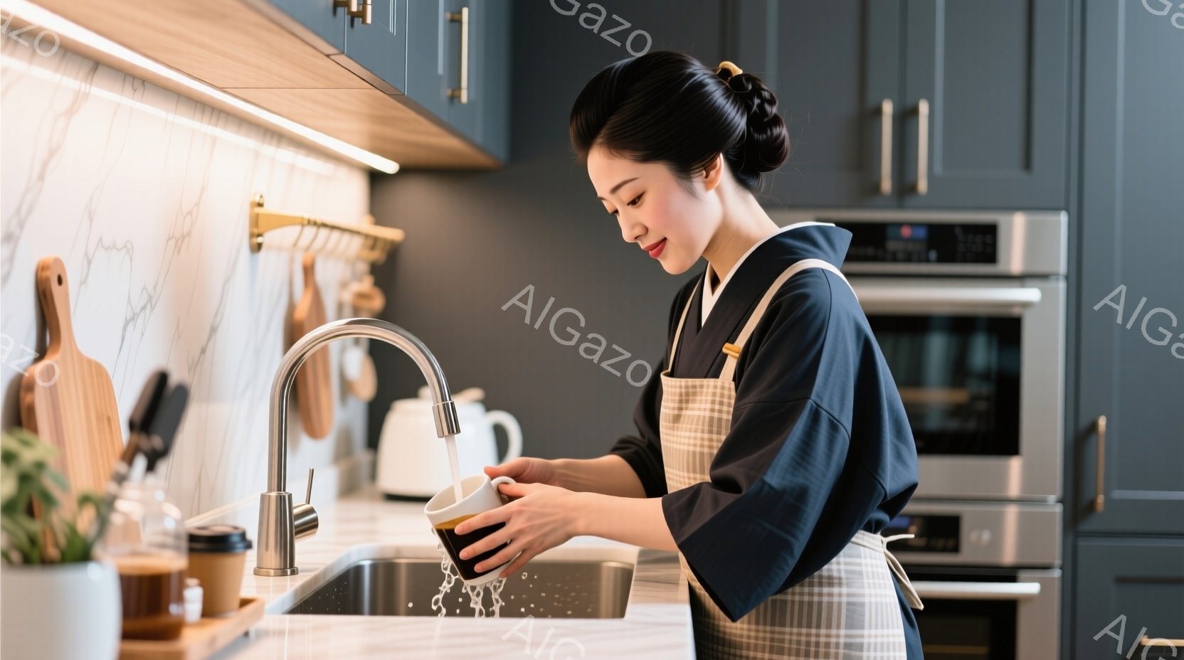 女性はキッチンでマグカップを洗っています。彼女はエプロンと濃い青色のローブを着ており、髪は後ろでまとめられています。背景には、グレーのキャビネットとステンレス製の電化製品があり、モダンで清潔な雰囲気が漂っています。