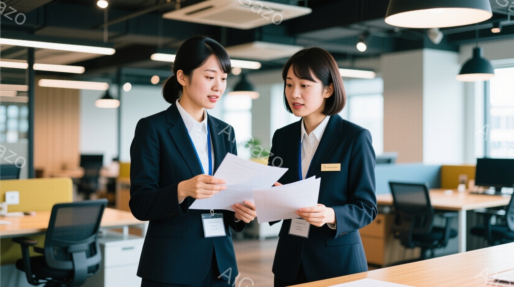2人の女性が書類を見ながら話しています。どちらも黒いジャケットに白いシャツ、そして身につけたIDバッジをつけており、ビジネスシーンを連想させます。背景はオフィスで、モダンなデスクと椅子が並び、明るい雰囲気です。