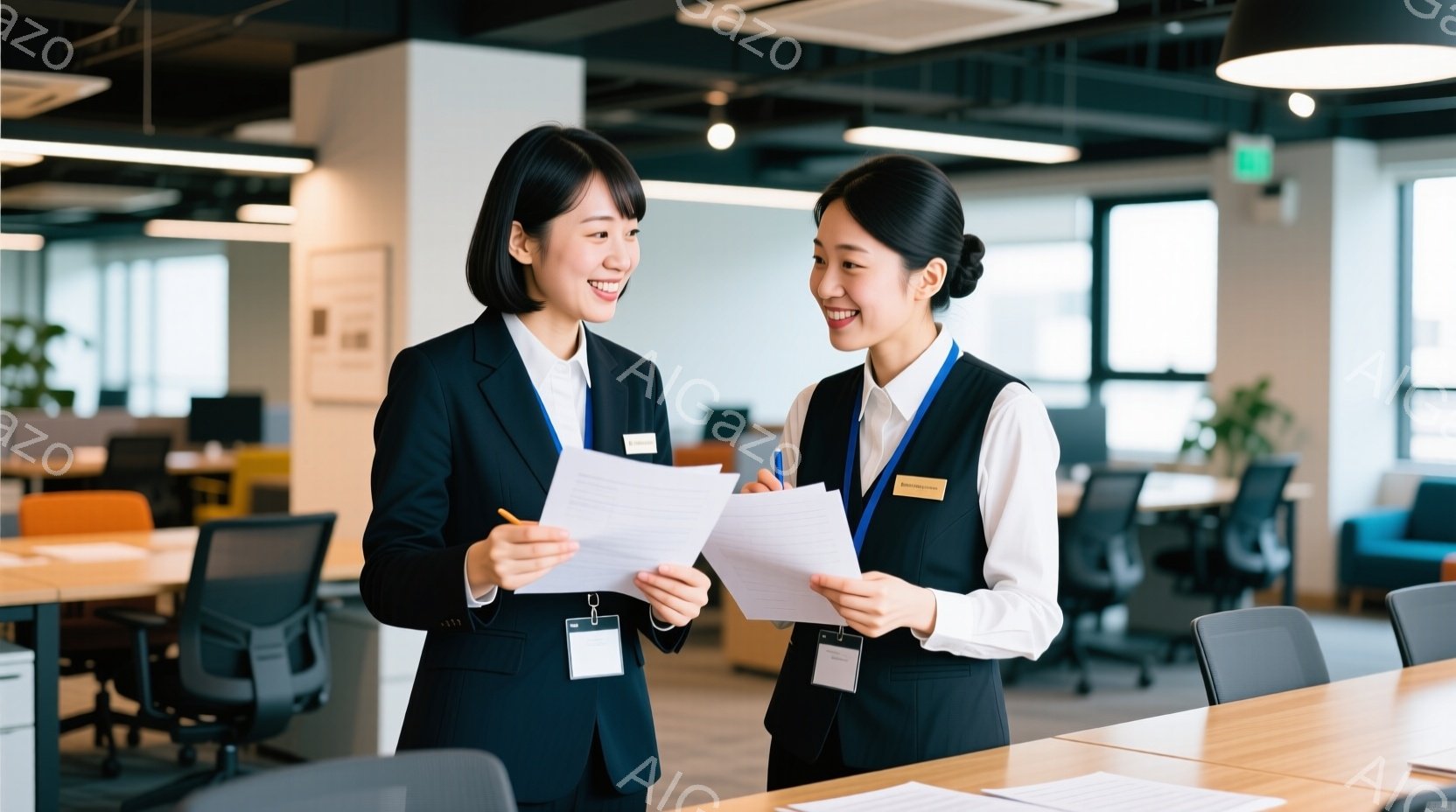 2人の女性が明るいオフィスで書類を見ながら話しています。片方の女性は黒いスーツに白いシャツ、もう一人は白いシャツに青いベストを着用し、どちらも笑顔で、名札をつけています。背景にはオフィス家具が並び、自然光が差し込み、全体的に活気があり協力的な雰囲気が漂っています。