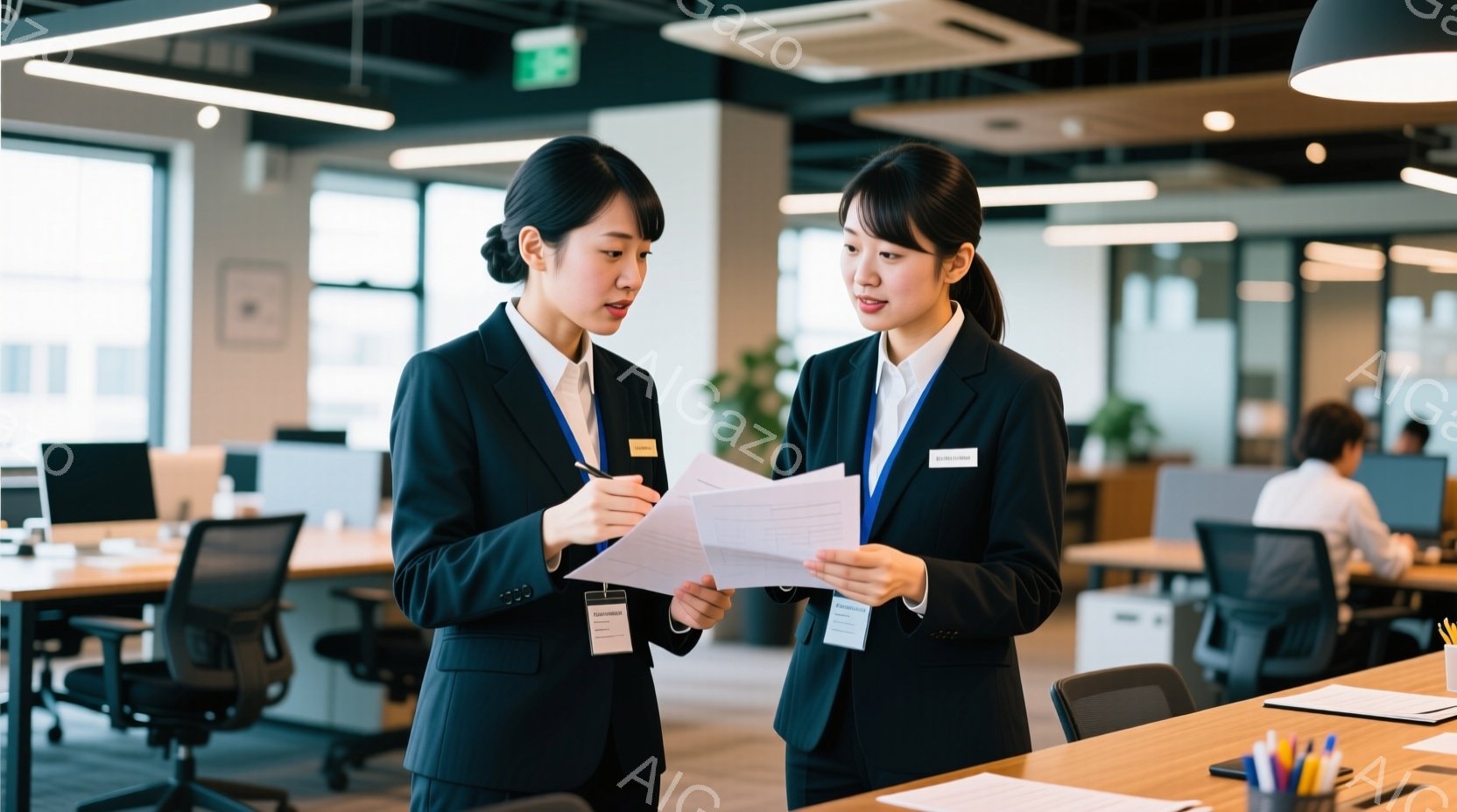 オフィスで書類を見ながら話している若い女性二人組が写っています。彼女たちは黒いスーツに白いシャツ、ネクタイまたはリボンを着用し、身元を示すIDカードを付けています。背景にはオフィススペースが広がり、他の従業員や机、コンピューターが見え、全体的にプロフェッショナルで協力的な雰囲気が漂っています。