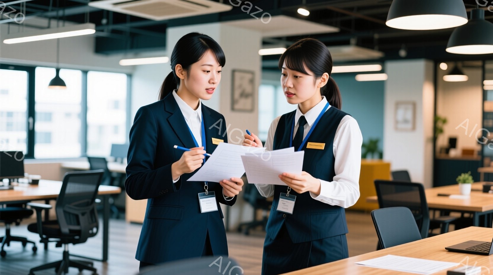 紺色のブレザーに白いシャツ、黒いズボンまたはスカートを着用した二人の若い女性が、書類を見ながら真剣に話し合っている。彼女たちは白いバッジを身につけ、髪は後ろでまとめており、表情は集中している。背景はオ - AI生成フリー素材