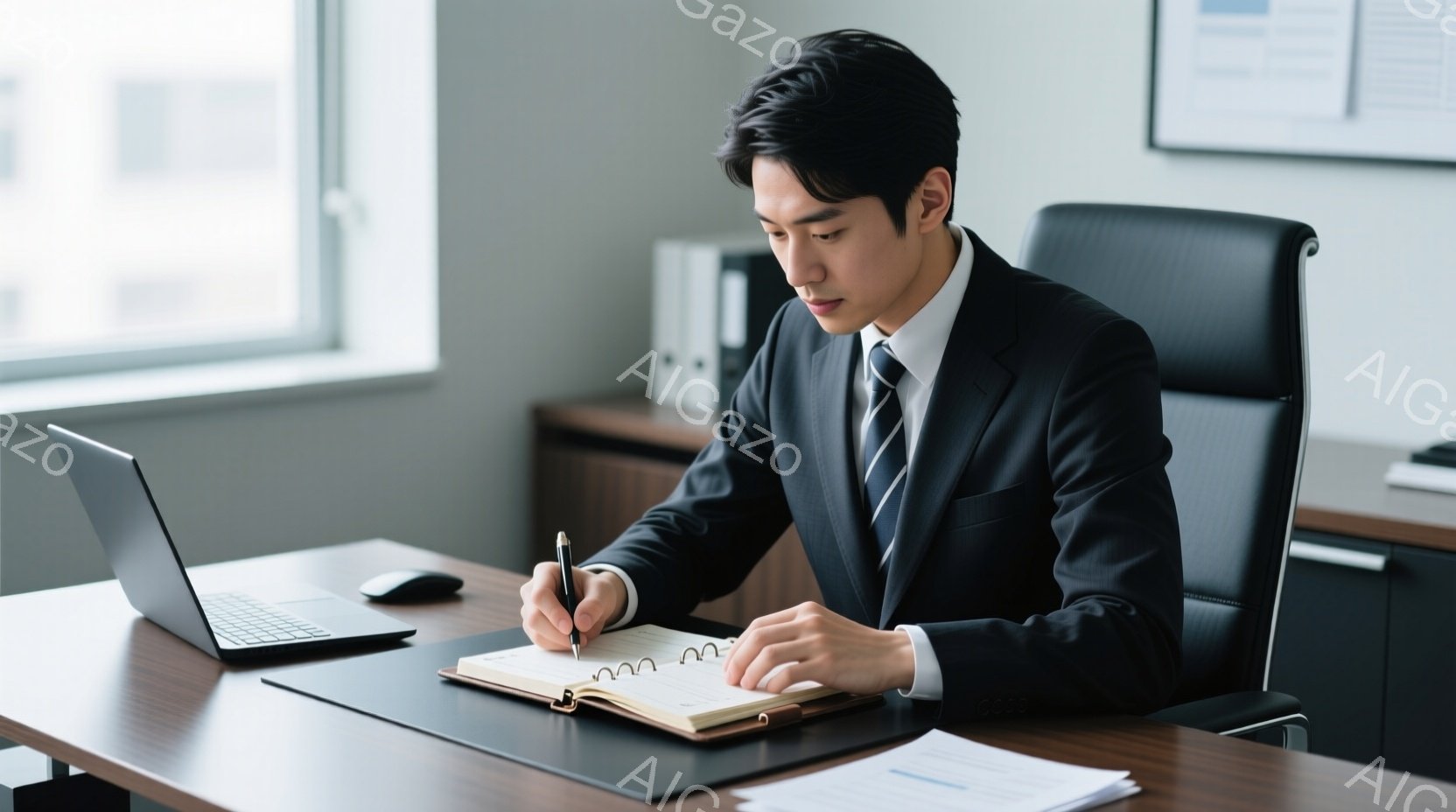 スーツとネクタイを着用した男性が、オフィスでノートにペンで書き込んでいる様子が写っている。彼は真剣な表情で前かがみになり、集中して作業に取り組んでいる。背景には、パソコン、書類、キャビネットが見え、落ち着いた雰囲気のオフィス空間であることがわかる。