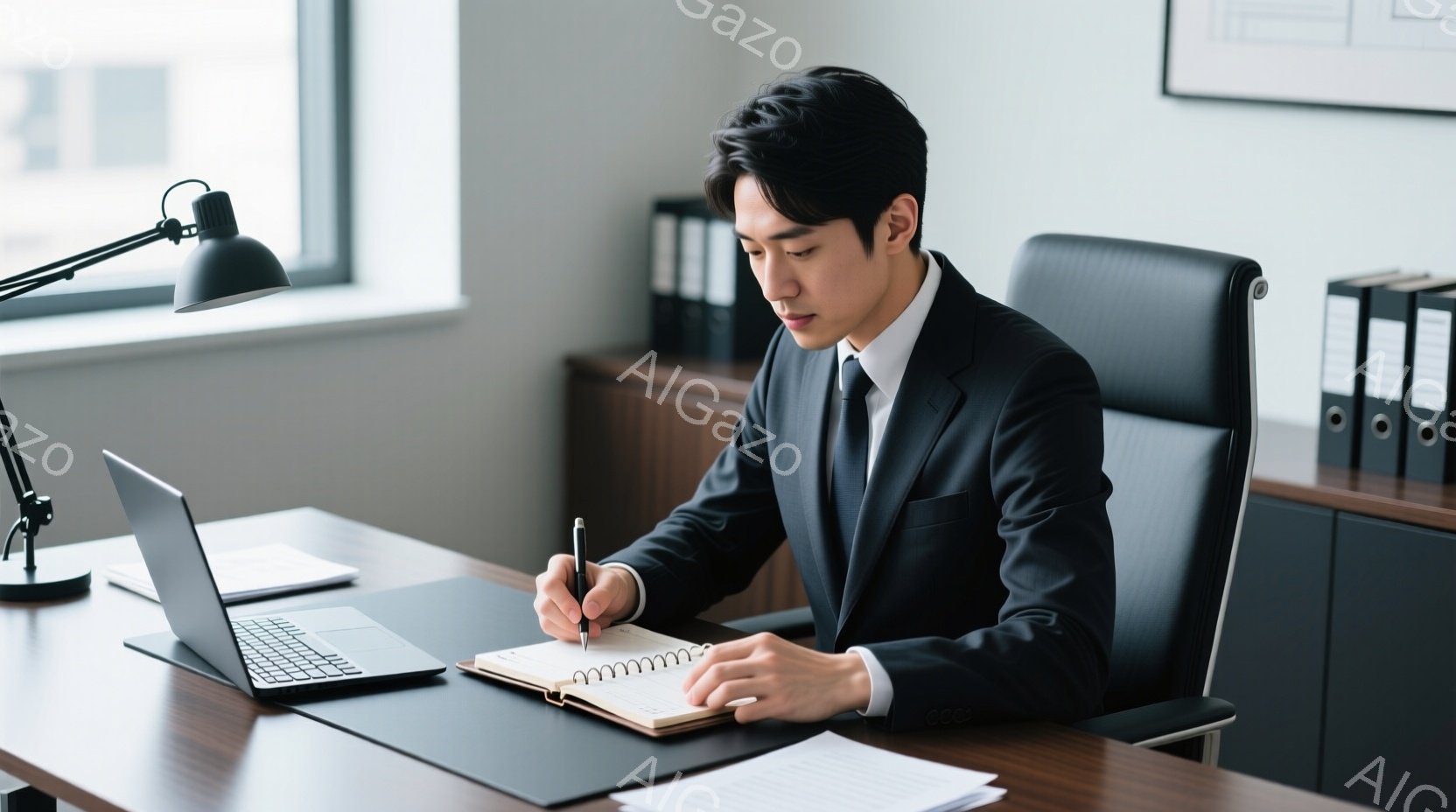 スーツとネクタイを着用した男性が、デスクに座ってノートに何かを書き込んでいる様子が写っている。彼は真剣な表情でペンを握り、集中して作業に取り組んでいるように見える。背景には、パソコンや書類、ファイルボックスなどが配置され、オフィスの一室であることがわかる。