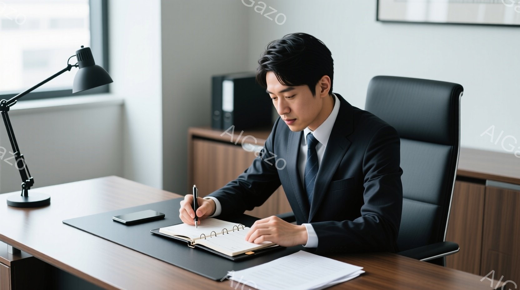 スーツを着た男性が、机に向かってノートに何かを書き込んでいる様子が写っている。彼は黒髪で、真剣な表情でペンを握り、姿勢は背筋が伸びて几帳面である。背景には木製のキャビネットと書類が写り、落ち着いたオフィス環境を示している。