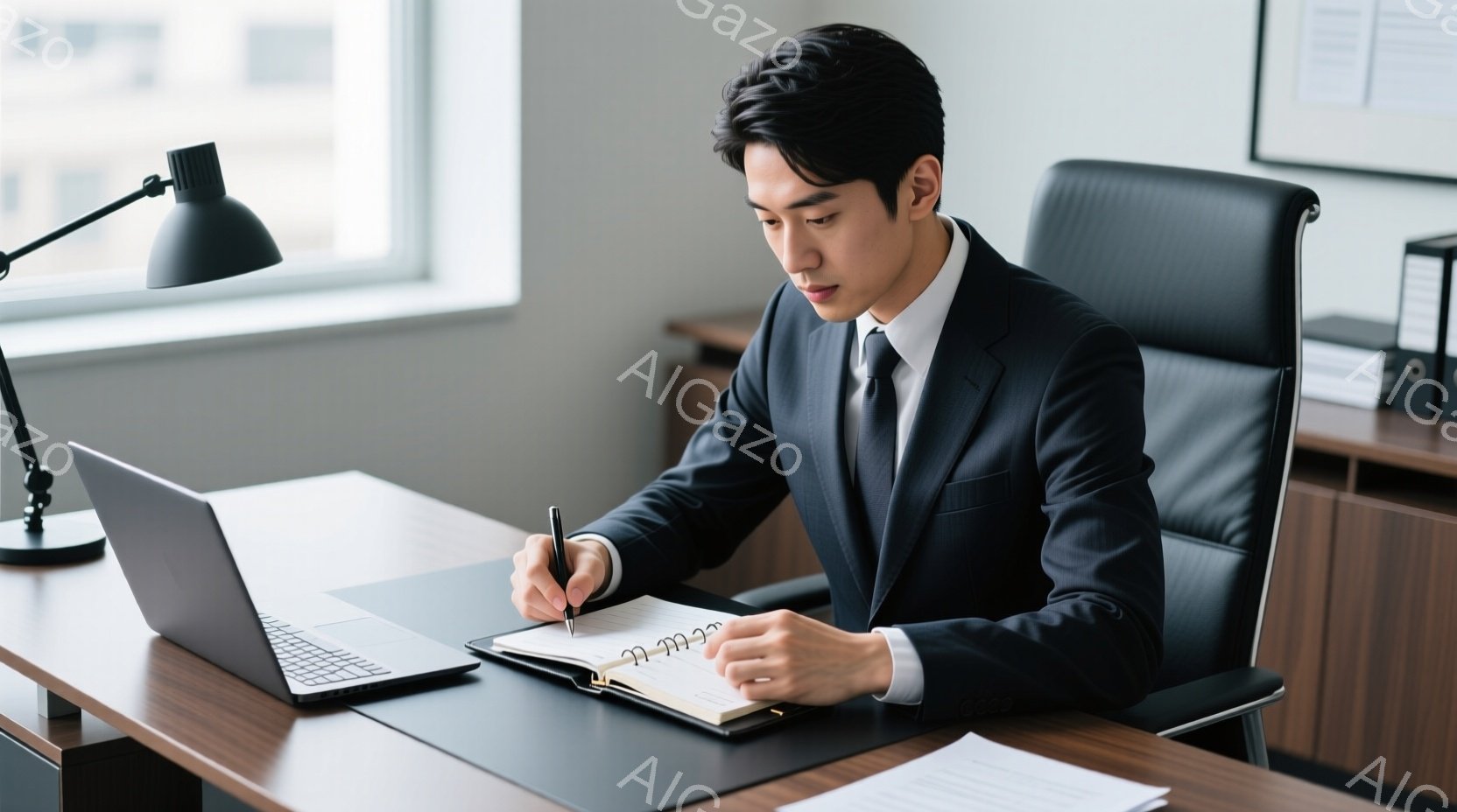 スーツを着た若い男性が、明るい室内で机に向かってノートに何かを書き込んでいる。彼は真剣な表情で、姿勢も良く、集中している様子が伺える。背景にはパソコンや書類が整理されており、清潔感のあるオフィス環境であることがわかる。