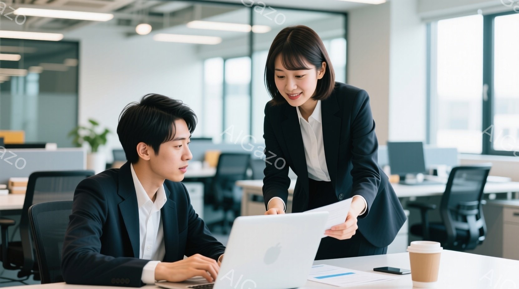 スーツを着た男性がノートパソコンに向かって作業しており、隣には書類を手に持った女性が立っている。女性は少し身を乗り出し、ノートパソコンの画面と書類を指して何かを説明している様子で、二人の間には協力的な - AI生成フリー素材