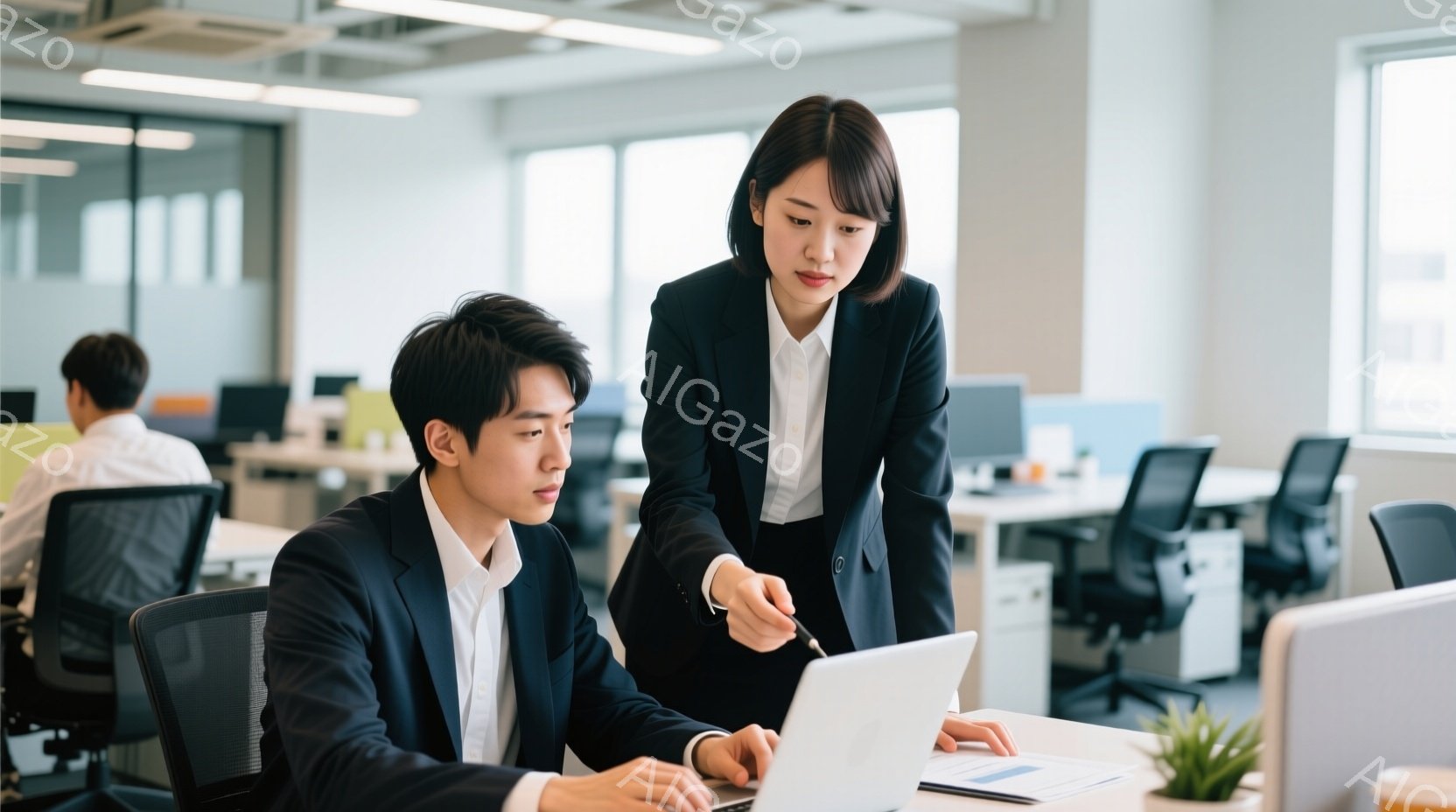 スーツを着た若い男性と女性が、オフィスでノートパソコンを覗き込み、女性はペンで画面を指し示しながら何かを説明している。男性は真剣な表情でパソコンを見つめ、女性は少し上から目線で指示しているように見える - AI生成フリー素材