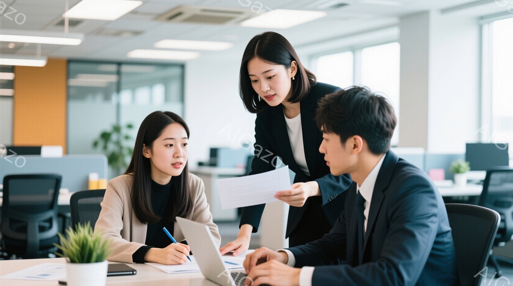 室内で、ベージュのジャケットを着た女性とスーツ姿の男性がテーブルを囲み、書類について話している様子が写っている。女性は書類を手に持ち、男性はノートパソコンの前に座り、何かを書き込んでいるようだ。背景に - AI生成フリー素材
