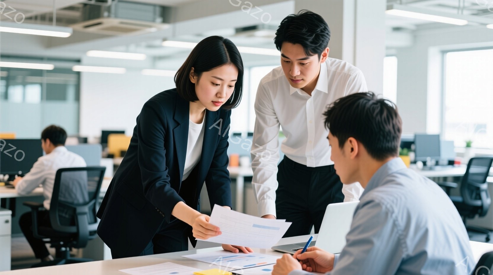 3人のビジネスマンまたはビジネスウーマンがオフィスで書類を見ながら話し合っている様子が写っている。女性は黒のジャケットと白いブラウスを着ており、男性は白いシャツを着ている。オフィスは明るく、モダンなデザインで、他の従業員もわずかに背景に見える。