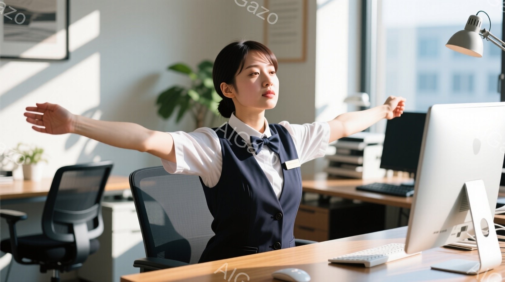 女性はオフィスにいる事務員で、服装は正式な制服を着用しており、髪型はショートカットで表情は落ち着きがある。手を広げ、心満足の様子を見せている。オフィスには多くのデスクやコンピュータがあり、周りには室内ランプや植物が置かれている。整然とした環境で、彼女は仕事を快適にこなす雰囲気が感じられます。