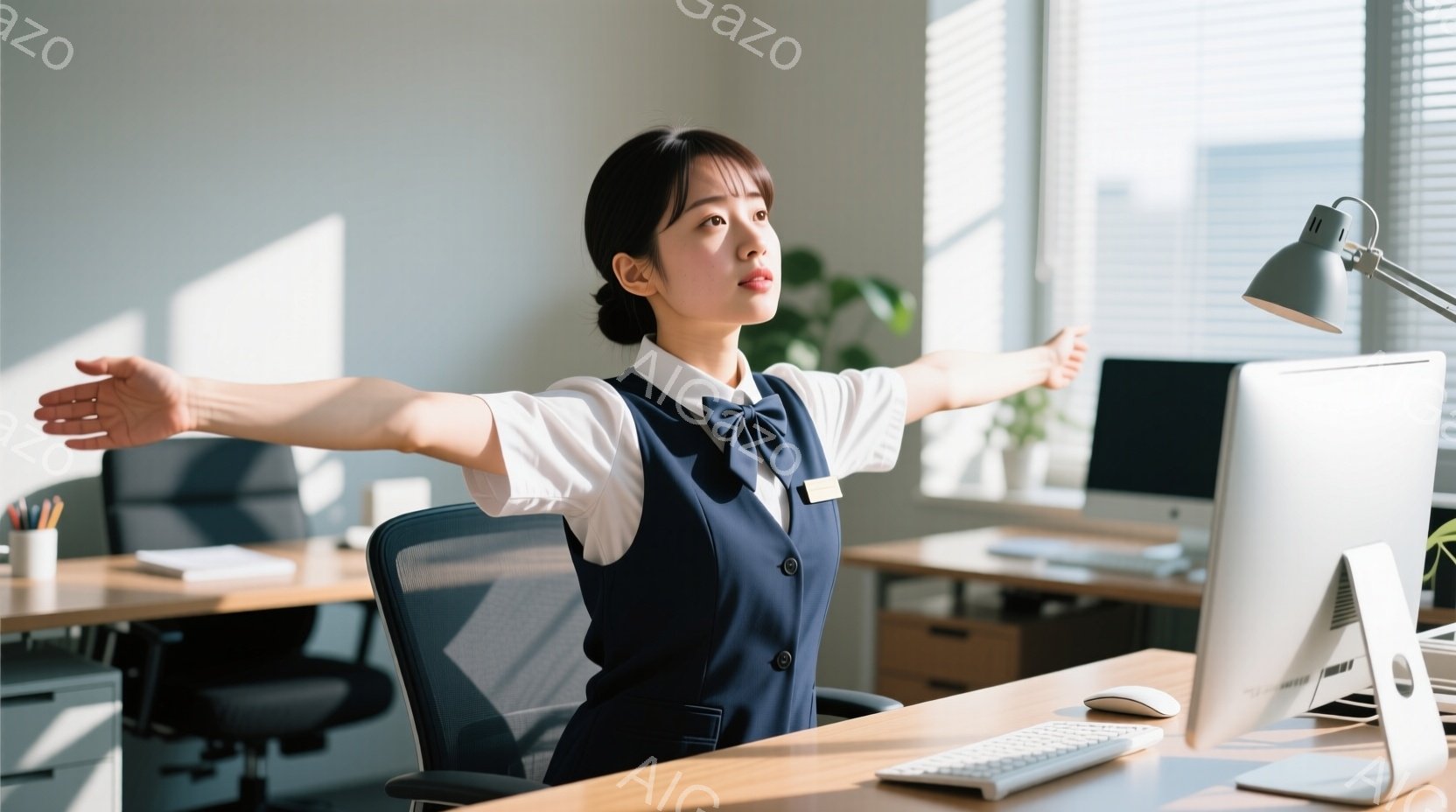 紺色のベストと白いブラウスを着た女性が、オフィスで両腕を横に広げストレッチをしている。彼女は黒髪で、やや上目遣いをしており、集中しているような表情をしている。背景には木製のデスクやオフィスチェアが見え、明るい自然光が差し込んでいる。