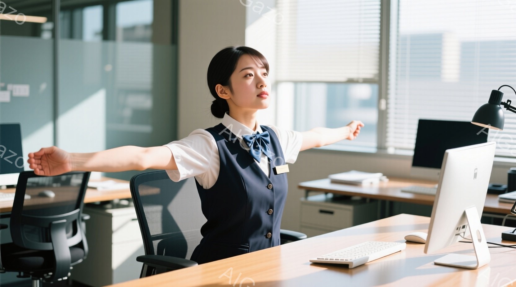 オフィスで働く若い女性が描かれている。紺色のベストと白いシャツを着ており、髪は後ろで一つにまとめられている。彼女は両腕を横に広げ、伸びをしており、疲労を和らげようとしている様子がうかがえる。