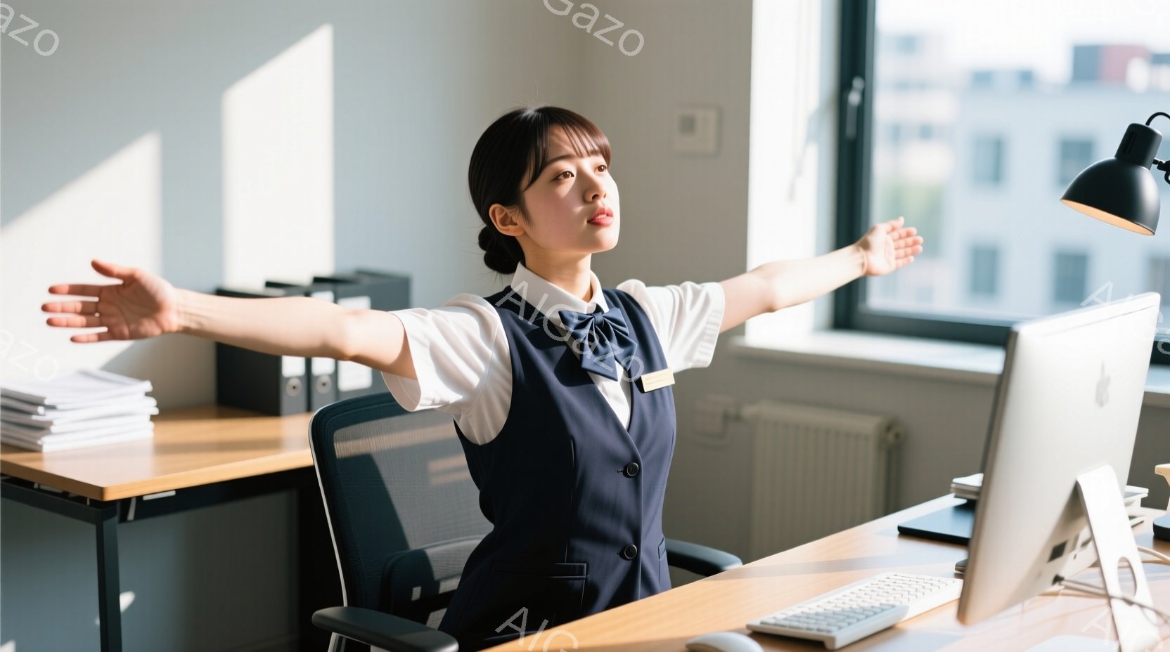 オフィスで椅子に座った若い女性が写っています。彼女は白いブラウスと濃い青色のベスト、そして黒いスカートという服装で、髪は後ろで一つにまとめられています。彼女は両腕を横に広げ、ストレッチをしているように見え、少し疲れた表情をしています。