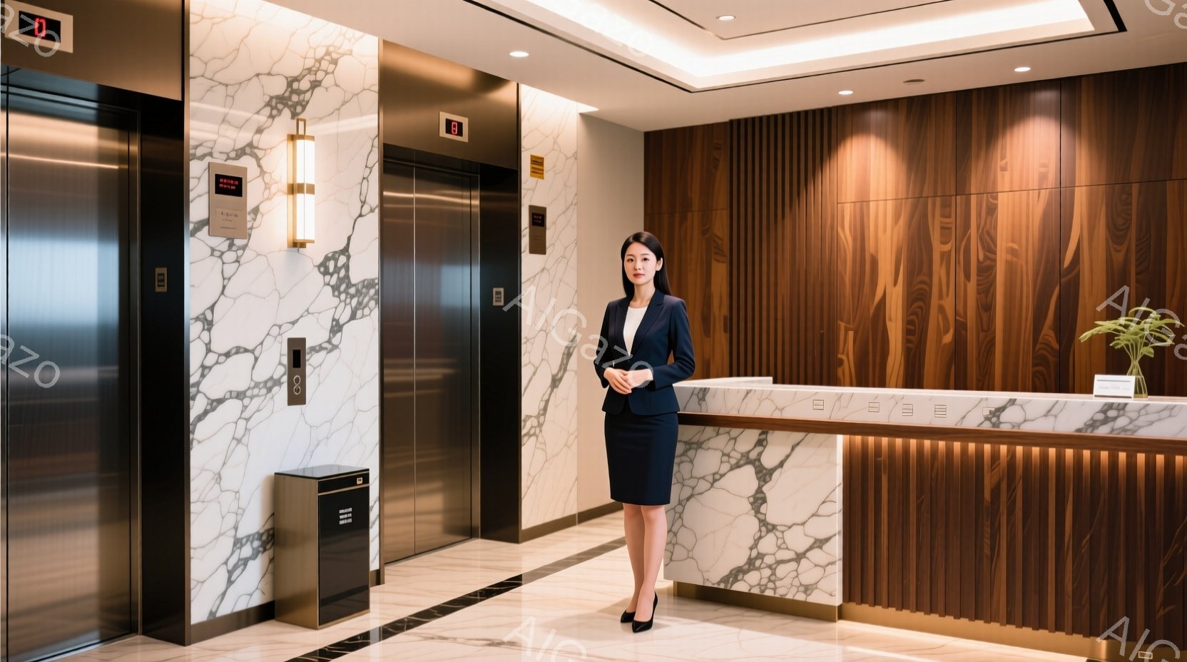 白い大理石模様の壁と木目調の受付カウンターがあるロビーに立つ女性が写っています。彼女は紺色のジャケットと膝丈のスカート、黒のパンプスを着用し、黒髪を後ろにまとめ、微笑んでいます。背景にはエレベーターと照明があり、全体的に清潔感があり、落ち着いた雰囲気です。