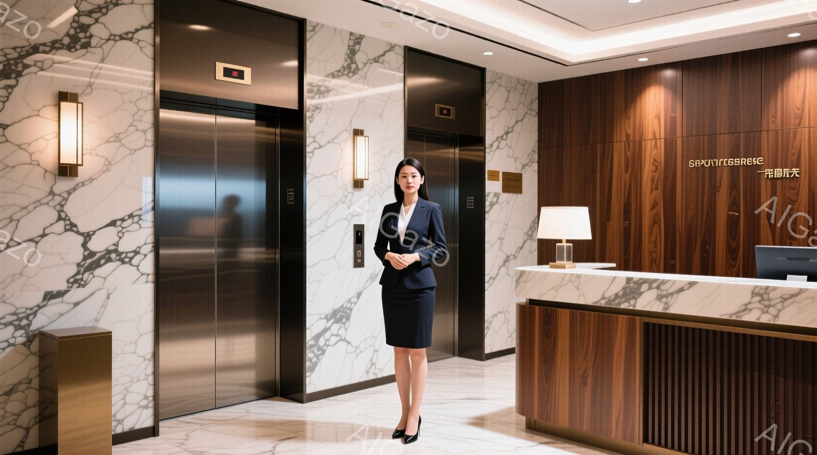中年女性がビルのエントランスで立ち、プロフェッショナルなビジネス姿勢を示す。短髪、顔色は白く、正面から撮影されるため表情は露出している。 背景には高級ビルのエレベーター、大理石のパネルと豪華なインテリアがあり、専門的で洗練された雰囲気を示す。