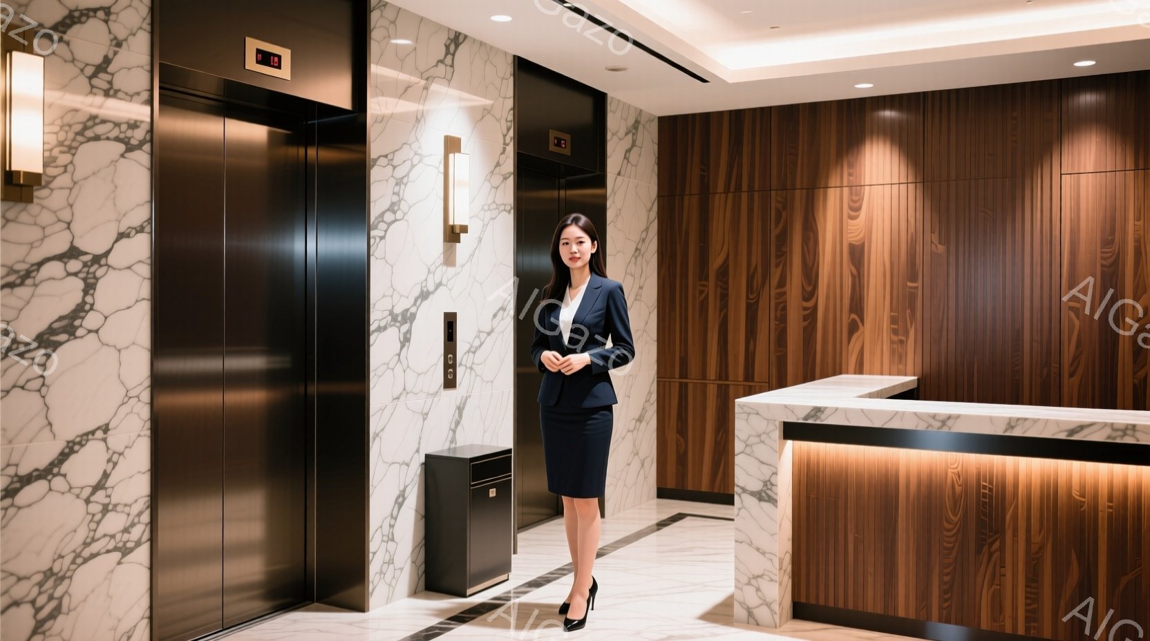 白と黒の大理石模様の壁を背景に、紺色のスーツに黒いスカートを着用した女性が立っています。彼女は姿勢を正し、少し微笑んでおり、プロフェッショナルな雰囲気を醸し出しています。背景には、木目調のカウンターと - AI生成フリー素材
