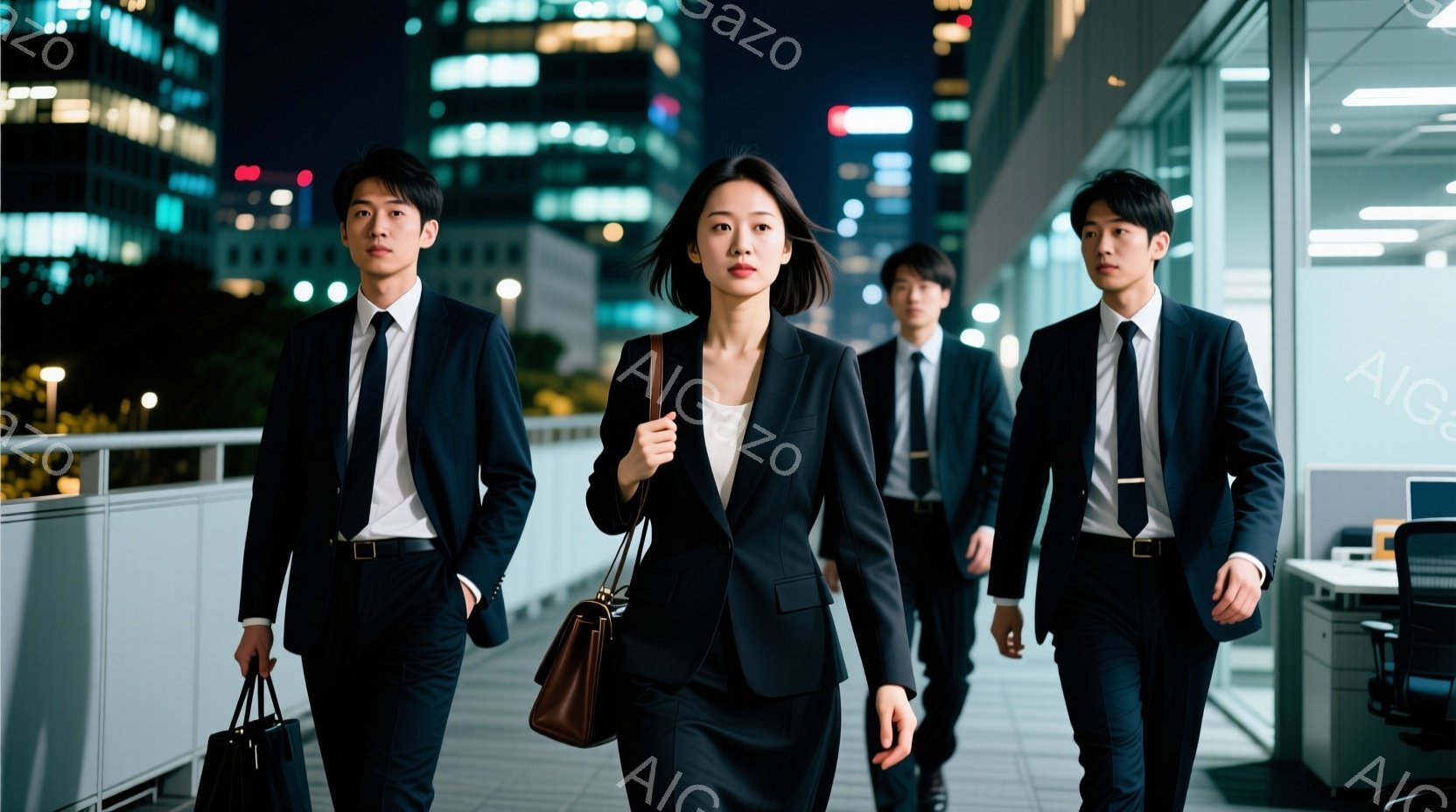 都市の夜景を背景に、ビジネス服装の5人が集まった様子を描いています。男性は3人で、女性は2人。彼らは階段や地下道を歩きながら、それぞれ異なる表情と姿勢で前に進んでいます。背景は高層ビルのライトが点在し、空気は夜間であり、暗い雰囲気を醸し出しています。