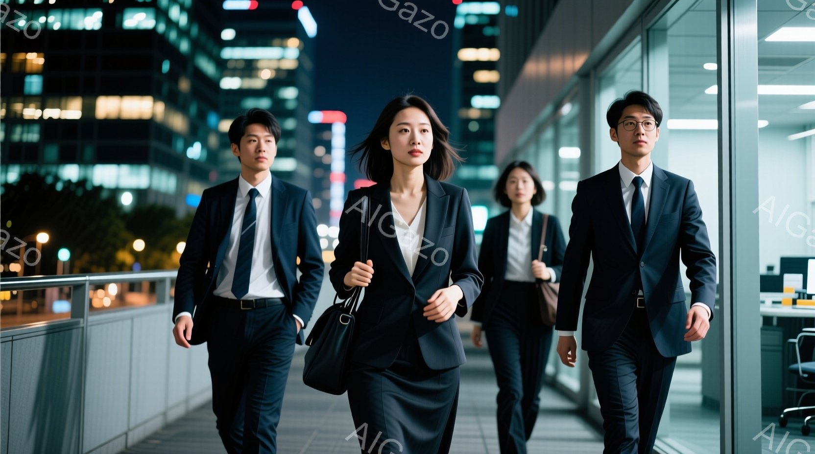 夜の街並みを背景に、紺色のスーツを着用したビジネスパーソンが四人、歩道を進んでいる。女性は黒髪で、やや厳しい表情を見せ、男性は全員黒髪で、姿勢よく前を見据えている。高層ビル群がライトアップされ、都会的 - AI生成フリー素材