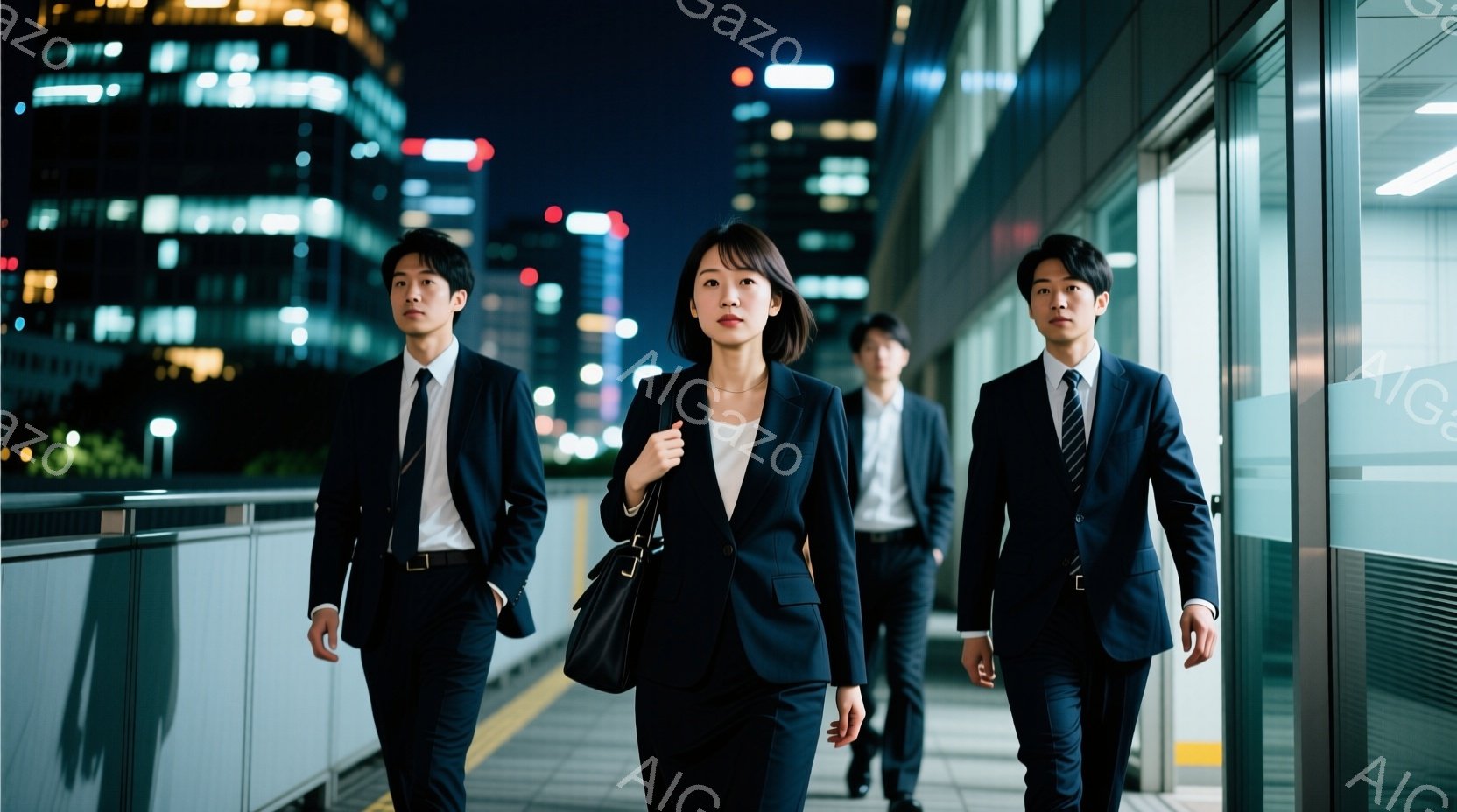 三人のビジネスマンとビジネスウーマンが、夜の街を歩いている様子が写っている。全員がスーツとネクタイを着用し、手にはバッグを持っている。背景には高層ビル群がぼやけて見え、夜空には光が輝いている。