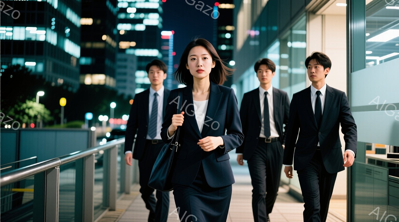スーツを着た男女が歩道橋を歩いている。女性は紺色のスーツに黒髪で、真剣な表情で前を見ている。背景には高層ビル群が夜景としてぼやけ、歩道橋の下には車の光が見える、都会的で緊張感のある雰囲気である。 - AI生成フリー素材