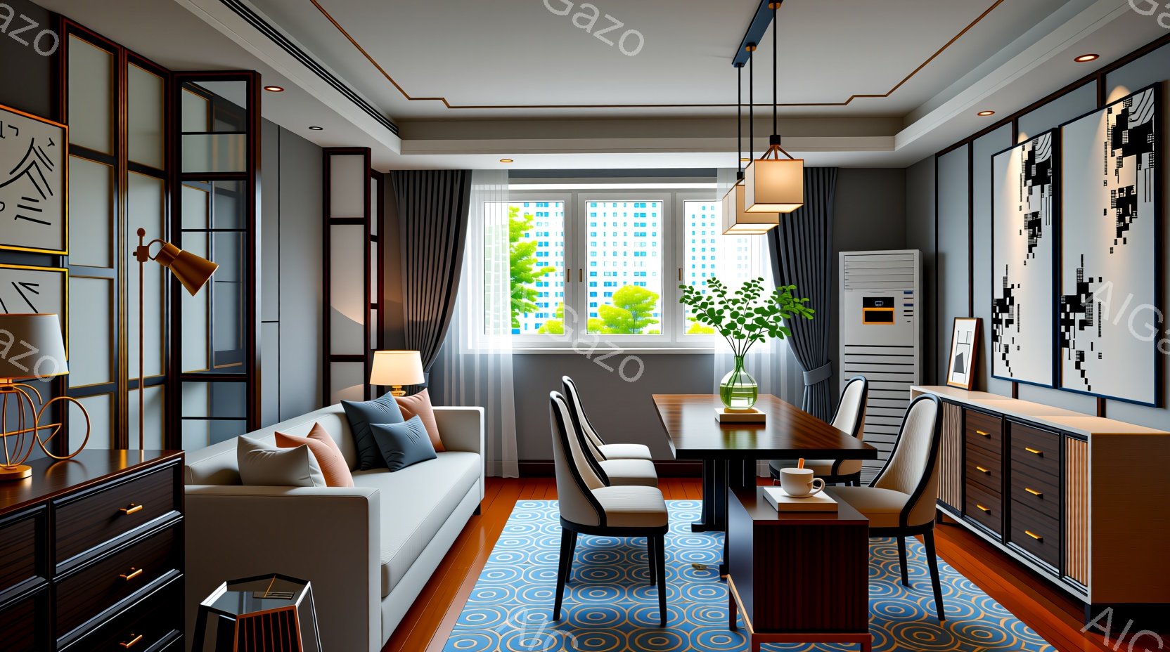 広々としたダイニングルームとリビングルームが一体になった空間で、モダンで洗練されたデザインが際立っています。大きな窓からは街並みが見渡せ、室内に自然光が差し込み、明るく開放的な雰囲気を作り出しています - AI生成フリー素材