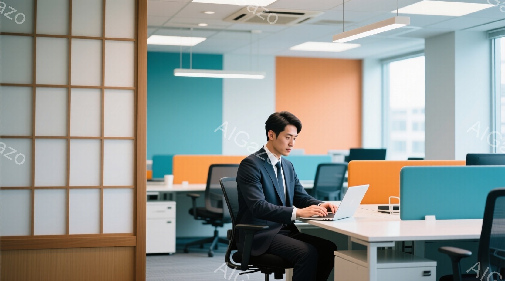 若い男性がオフィスでノートパソコンを使用している。彼は紺色のスーツに白いシャツ姿で、真剣な表情でキーボードを見つめている。背景には、明るいオレンジと水色の壁、そしてモダンなオフィス家具が並び、室内は明 - AI生成フリー素材