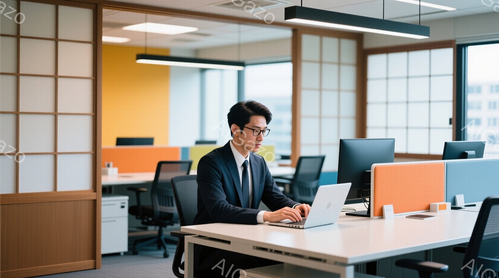 一人の男性がオフィスでノートパソコンを使って作業している。彼は黒いスーツとネクタイを着ており、黒縁メガネをかけている。オフィスはモダンで、オレンジと白のパーティション、明るい照明、そして他のデスクが背 - AI生成フリー素材