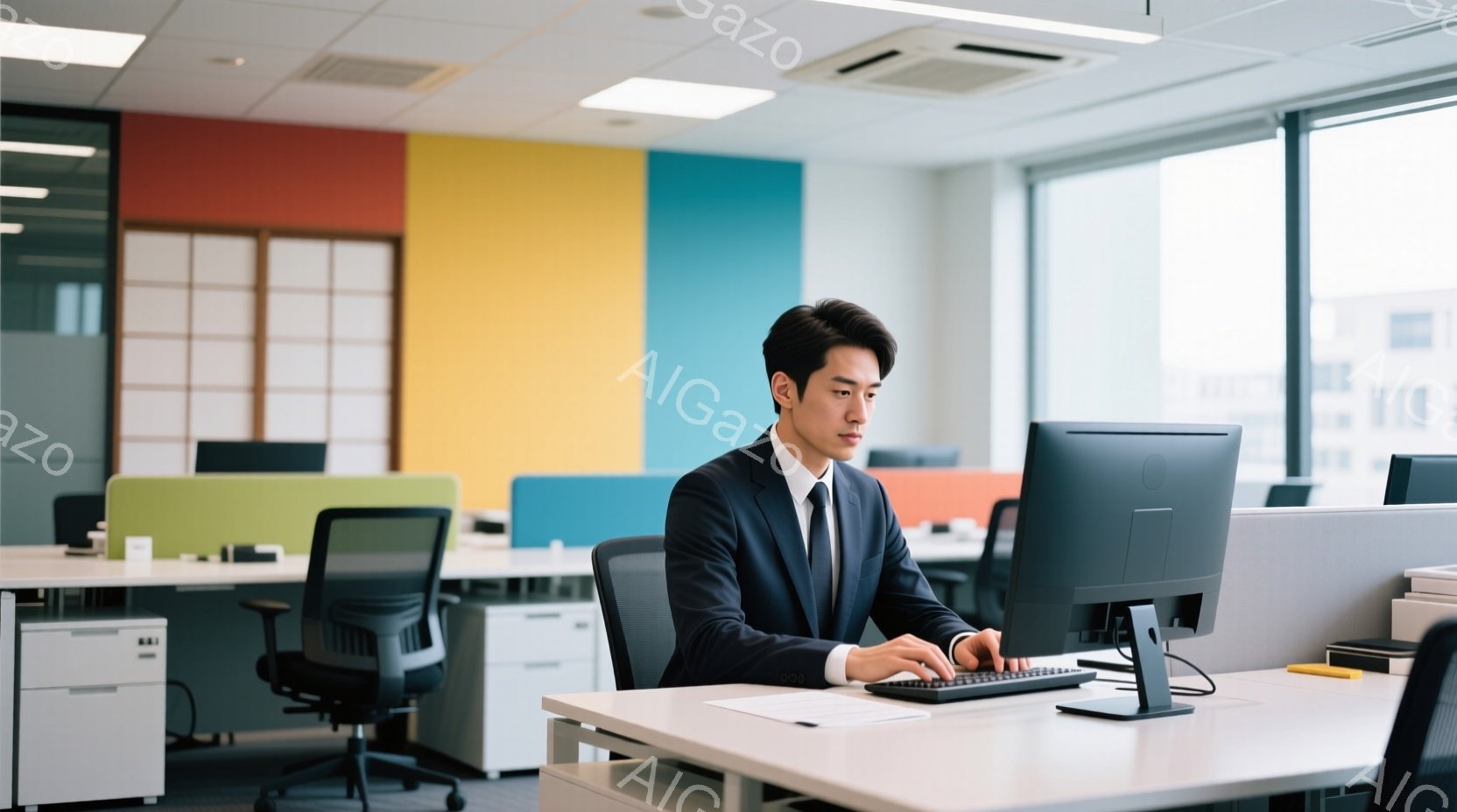 若い男性がオフィスでパソコンに向かって仕事をしている様子が写っている。彼は紺色のスーツを着ており、黒髪を短く整えている。背景にはカラフルな壁とオフィス内の他のデスクが見え、全体的に明るくモダンな雰囲気 - AI生成フリー素材