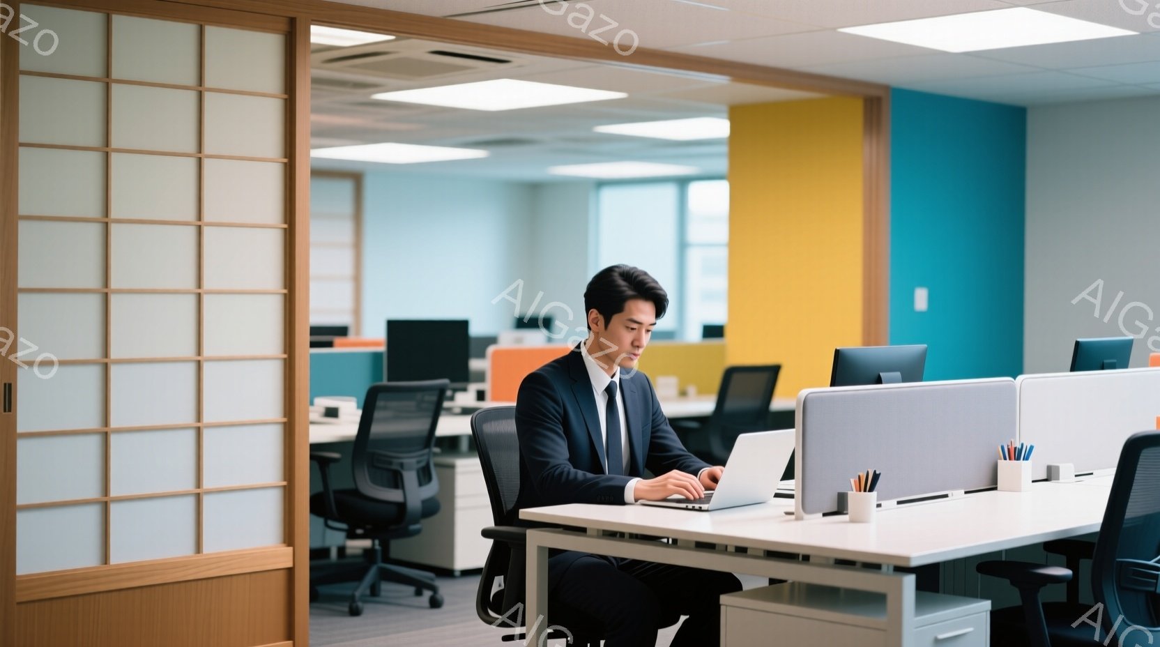 紺色のスーツを着た男性が、明るいオフィスでノートパソコンに向かって仕事をしている。彼は真剣な表情でキーボードを見つめ、姿勢も正しく、仕事に集中している様子が窺える。背景には、白とオレンジ、青の壁、他の - AI生成フリー素材