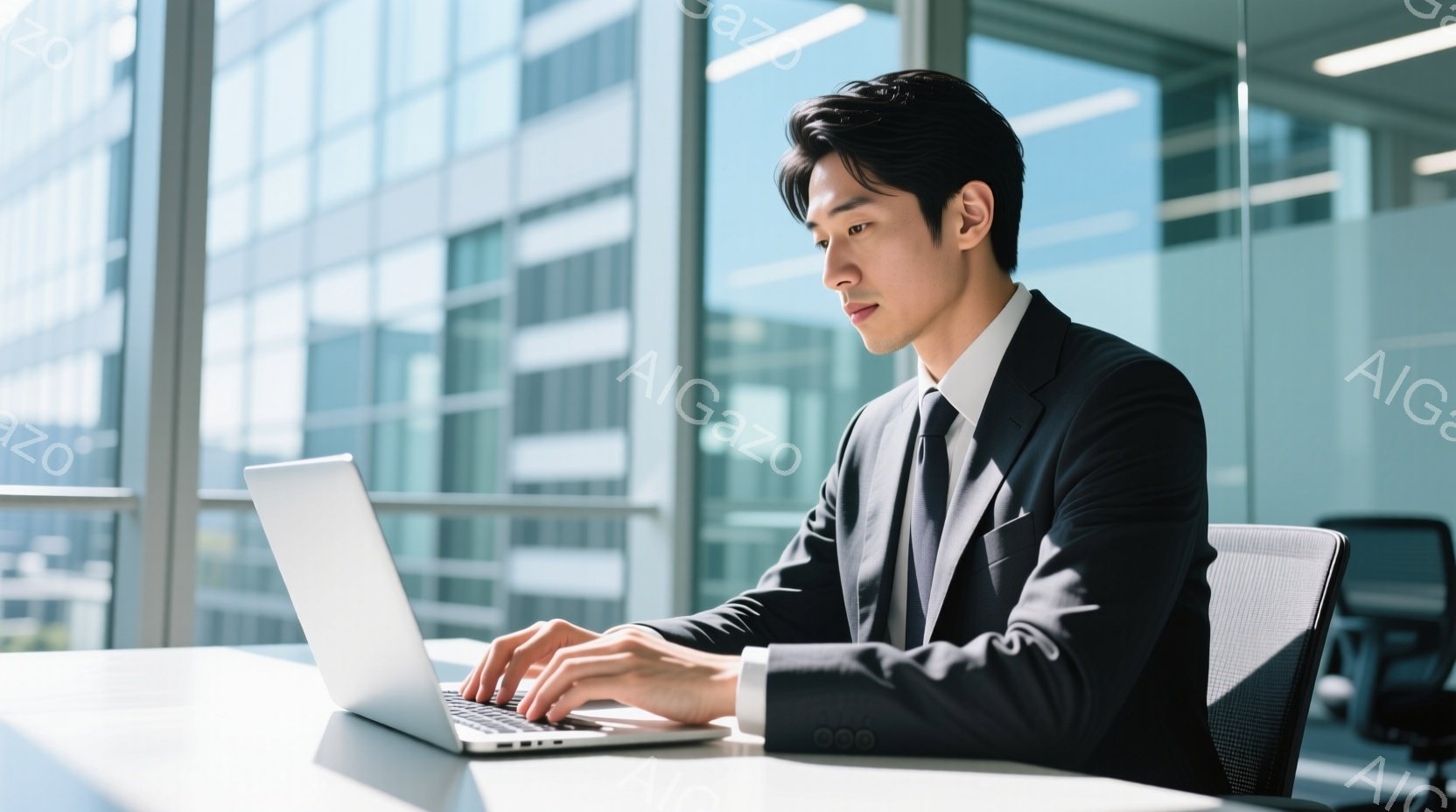 スーツを着た若い男性が、明るいオフィスでノートパソコンのキーボードを叩いている。彼は黒い髪を短く整え、真剣な表情で前を見つめている。背景には大きな窓があり、高層ビル群が見え、晴れた日の光が差し込んでい - AI生成フリー素材