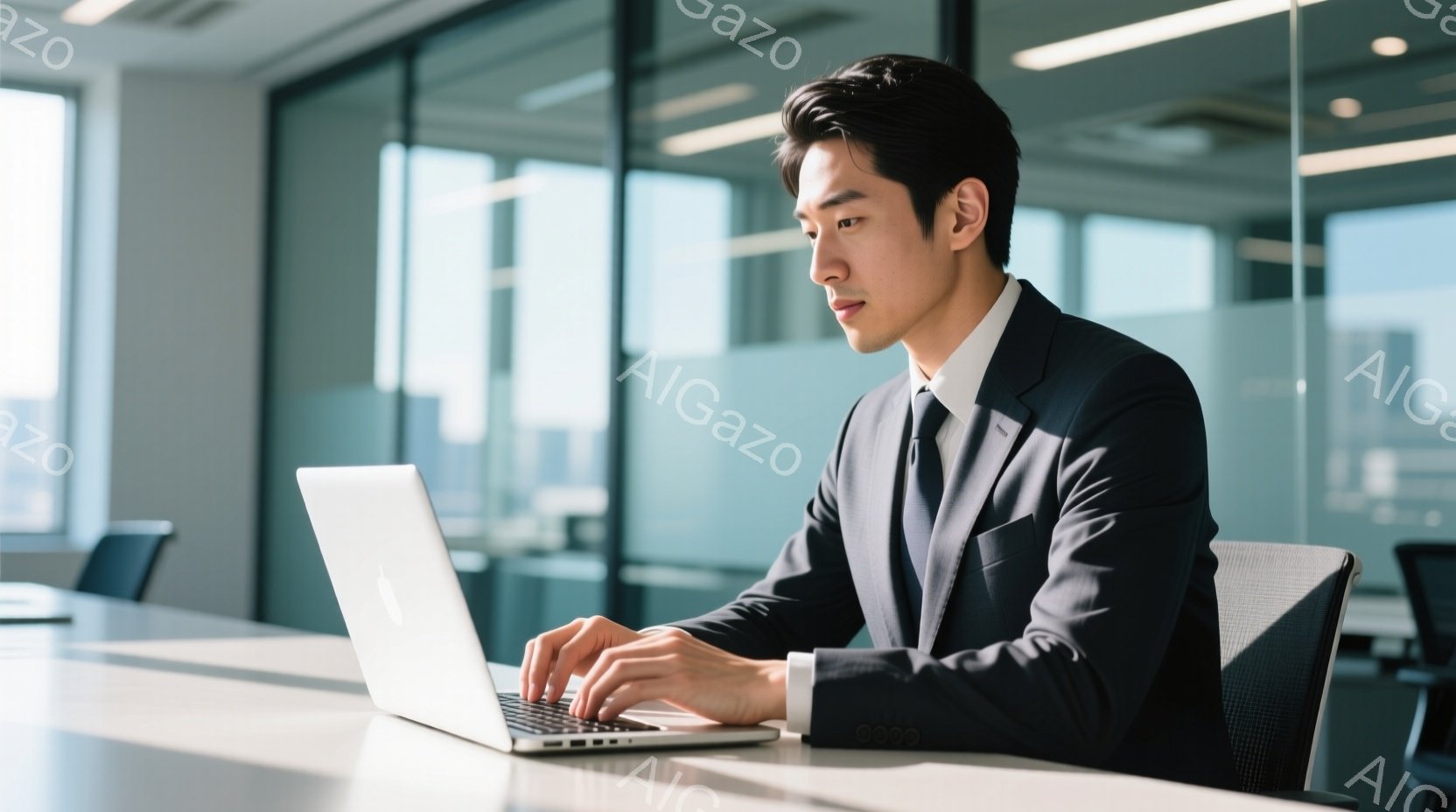 スーツを着た男性が、明るい室内でノートパソコンを操作している。彼は黒髪で、真剣な表情でキーボードを見つめ、姿勢良く座っている。背景にはオフィス空間が広がり、窓からは自然光が差し込んでいる。