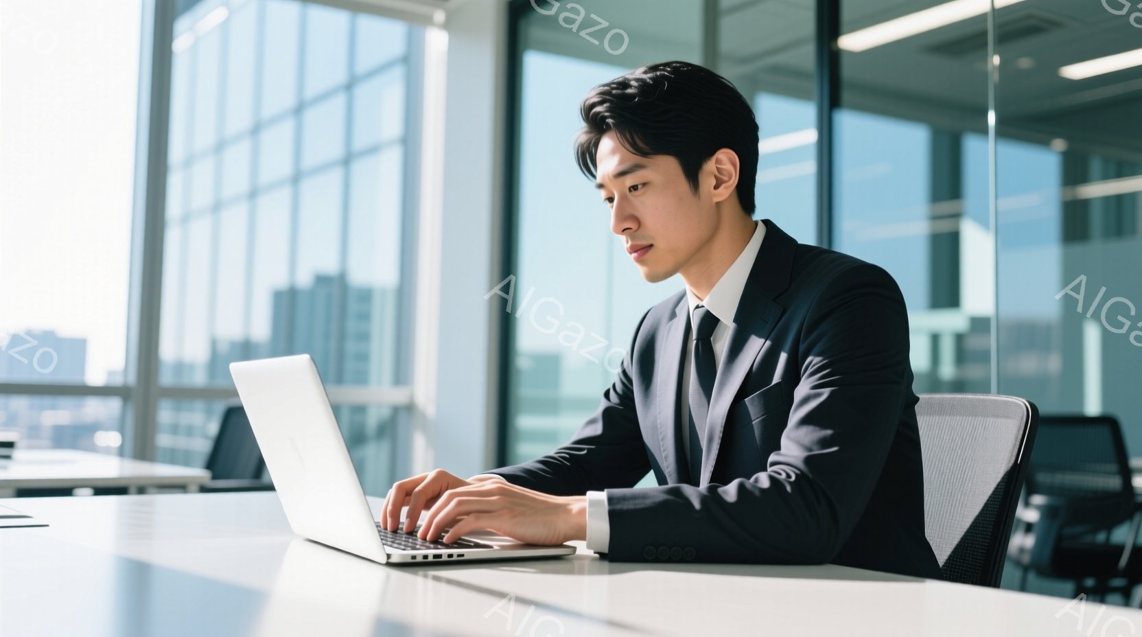 若い男性がスーツ姿でノートパソコンを操作している。彼は黒いジャケットに白いシャツ、ネクタイを着用し、短髪で整髪されている。背景は高層ビル群が見えるオフィスで、明るい光が差し込み、洗練された雰囲気を醸し - AI生成フリー素材