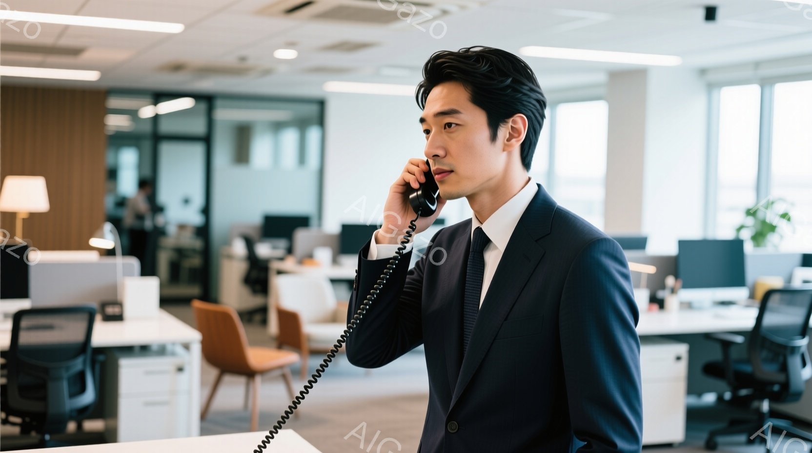 スーツを着たアジア系の男性が電話をしている。彼は落ち着いた表情で、少し後ろを向いて話している。背景はオフィスで、デスクや椅子が並び、モダンで明るい雰囲気である。