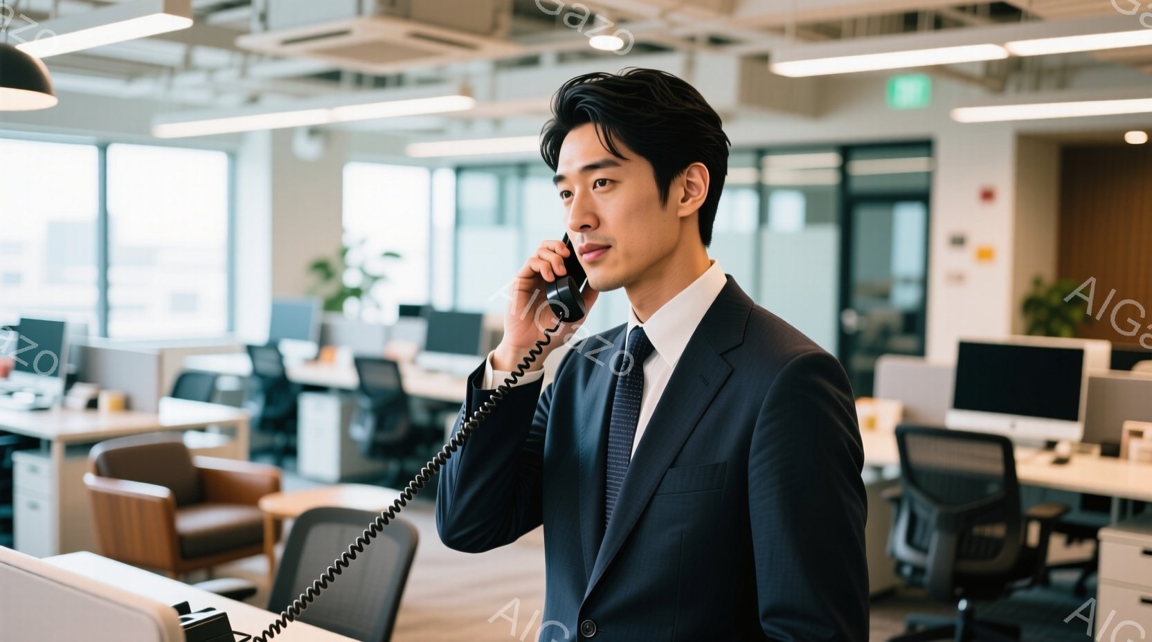 この男性は、紺色のスーツに白いシャツ姿で、電話を受けている。髪型は短く整えられ、真剣な表情で、やや上を見ている。背景には、オフィス空間が広がり、デスクやパソコンが並び、明るくモダンな雰囲気が漂っている - AI生成フリー素材