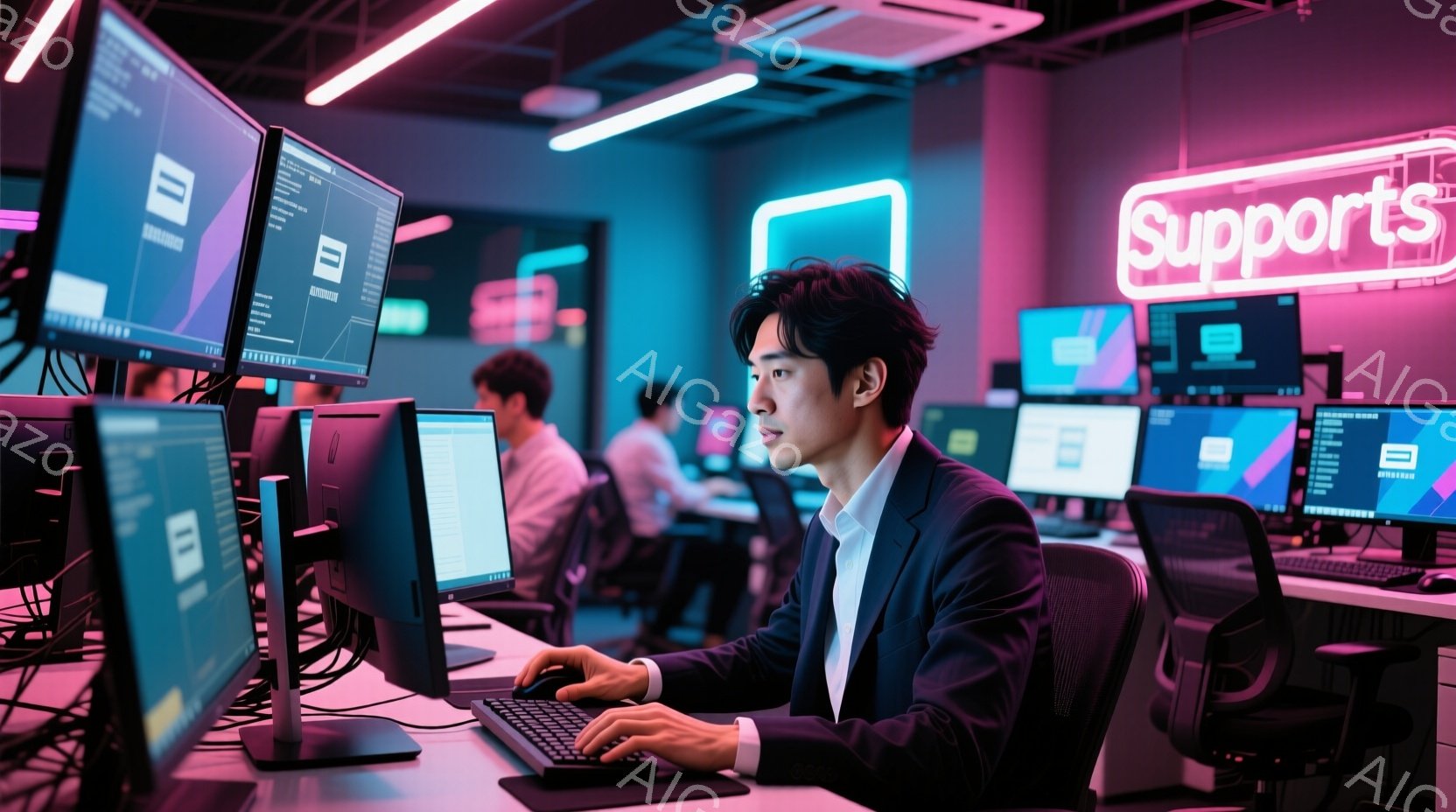 若い男性がコンピューターに向かって仕事をしている様子が写っている。彼は黒いスーツにネクタイを締め、黒髪を後ろにとかしている。背景には他の人が仕事をしている様子と、明るいピンク色の光が照らされたオフィス - AI生成フリー素材