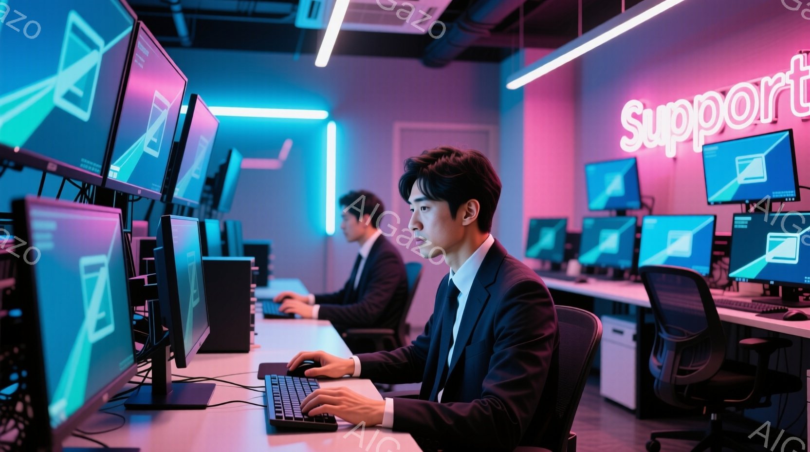 複数のモニターが並んだオフィスで、若い男性がスーツ姿でパソコンに向かっている様子が写っている。彼は真剣な表情でキーボードを操作しており、集中して仕事に取り組んでいることが伺える。背景には他のモニターと - AI生成フリー素材