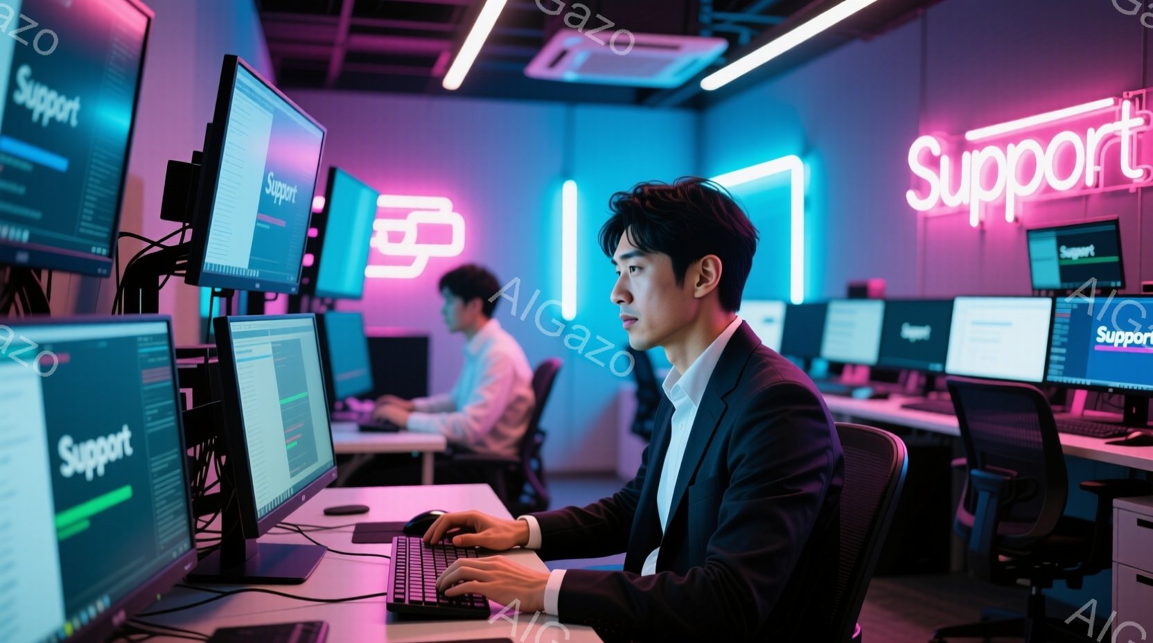 若い男性が、薄暗いオフィスでパソコンに向かって作業している様子が写っている。彼は黒いスーツを着ており、黒髪を後ろにとかしている。背景には他の作業員や、ネオンライトで光る「Support」の文字が見え、全体的に近未来的で集中した雰囲気である。
