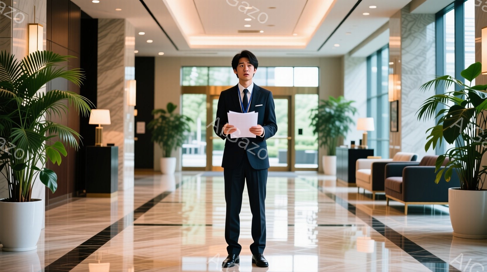 黒いスーツにネクタイを締めた男性が、白い大理石の床が敷かれたロビーで書類を手に立っている。彼は正面をまっすぐ見て、やや緊張した表情をしている。背景には大きな窓から光が差し込み、観葉植物や高級感のある家 - AI生成フリー素材