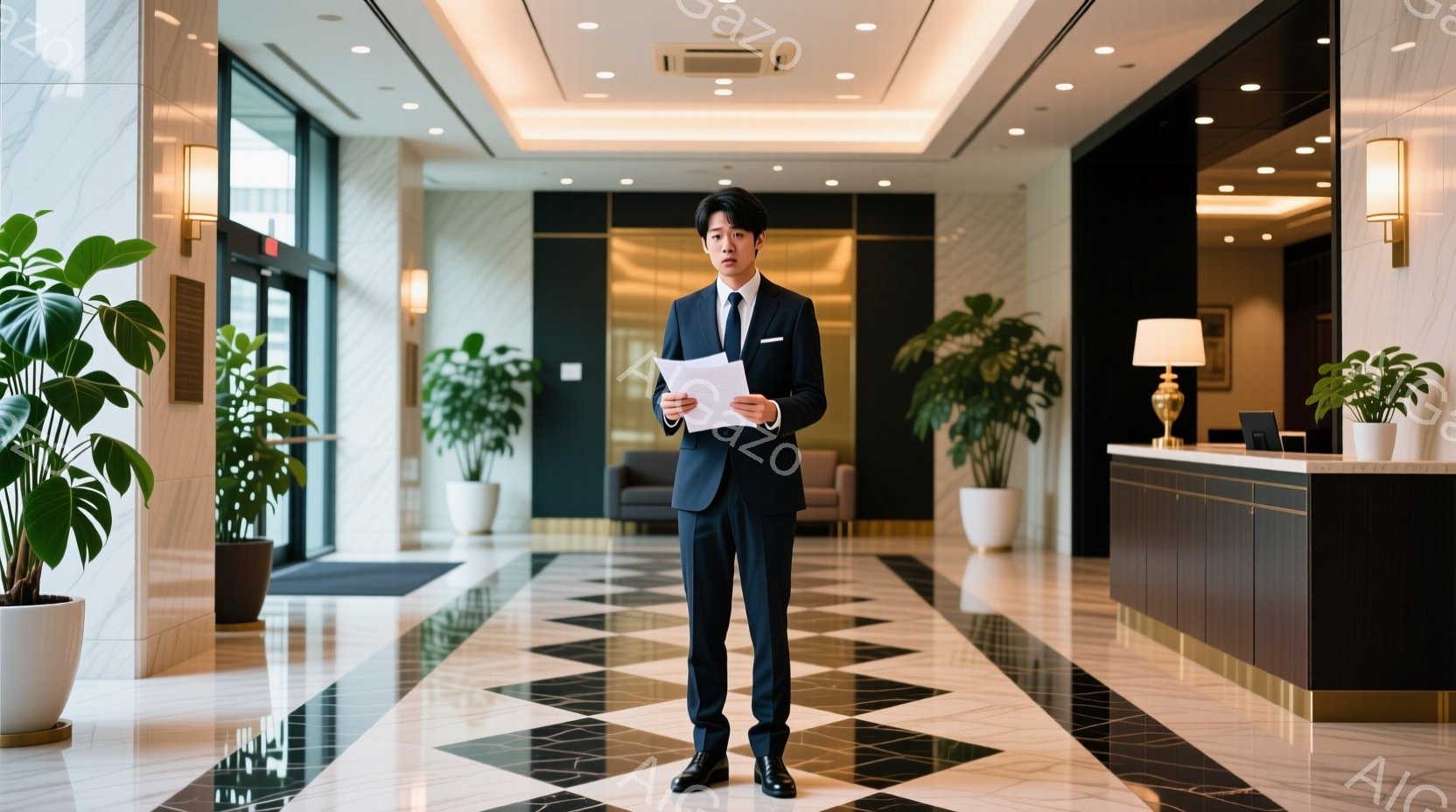 黒いスーツにネクタイを締めた若い男性が、白い模様の床が敷かれたホテルのロビーで書類を手に立っている。彼は真剣な表情で、少し緊張した様子で前を見据えている。背景には受付カウンターや観葉植物が見え、豪華で - AI生成フリー素材