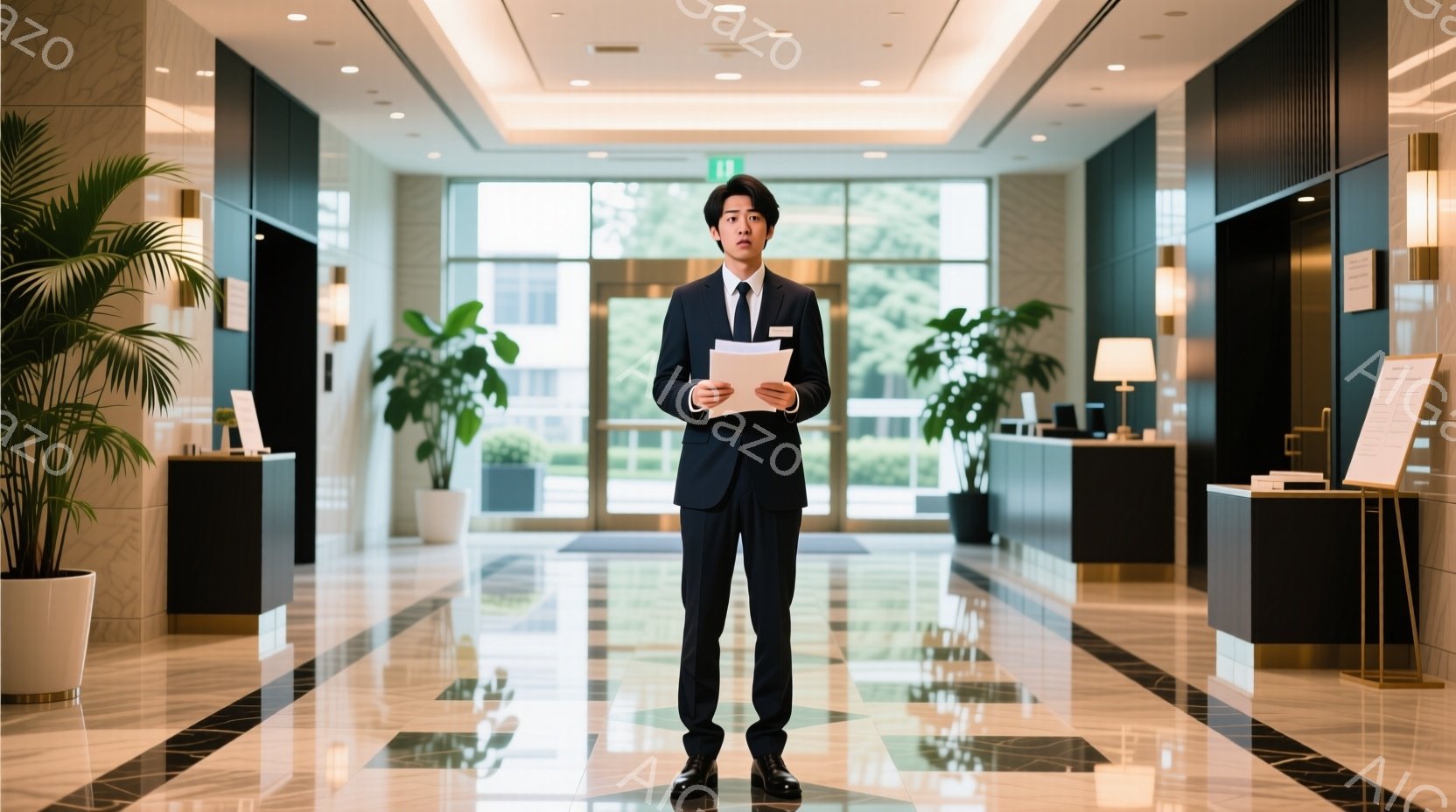 紺色のスーツに白いシャツ姿の男性が、ホテルのロビーで書類を手に立っている。彼はやや緊張した表情でまっすぐ前を見つめており、姿勢も正しいため、何かプレゼンテーションや報告を行う場面のようだ。背景は、白と - AI生成フリー素材
