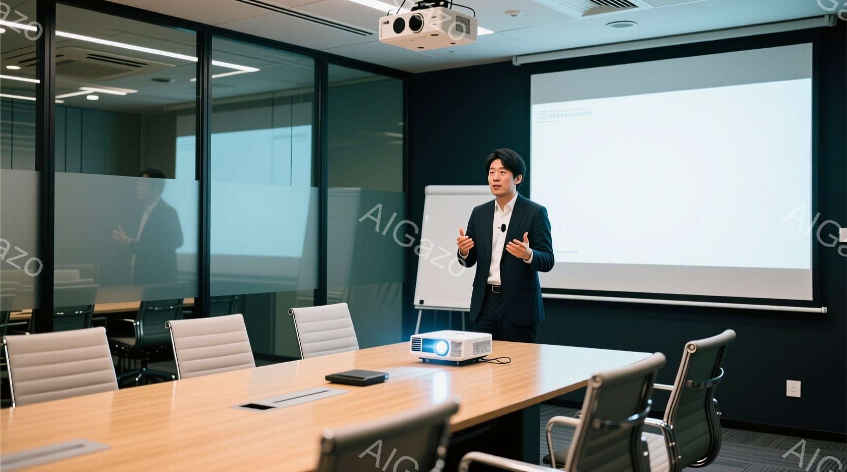 一人の男性が会議室でプレゼンテーションをしている。彼は黒いジャケットと白いシャツを着ており、片手を広げて何かを説明しているようだ。背景には白いボードとプロジェクターがあり、周囲には空の椅子が並んでいることから、会議や講演会の一場面であることがわかる。