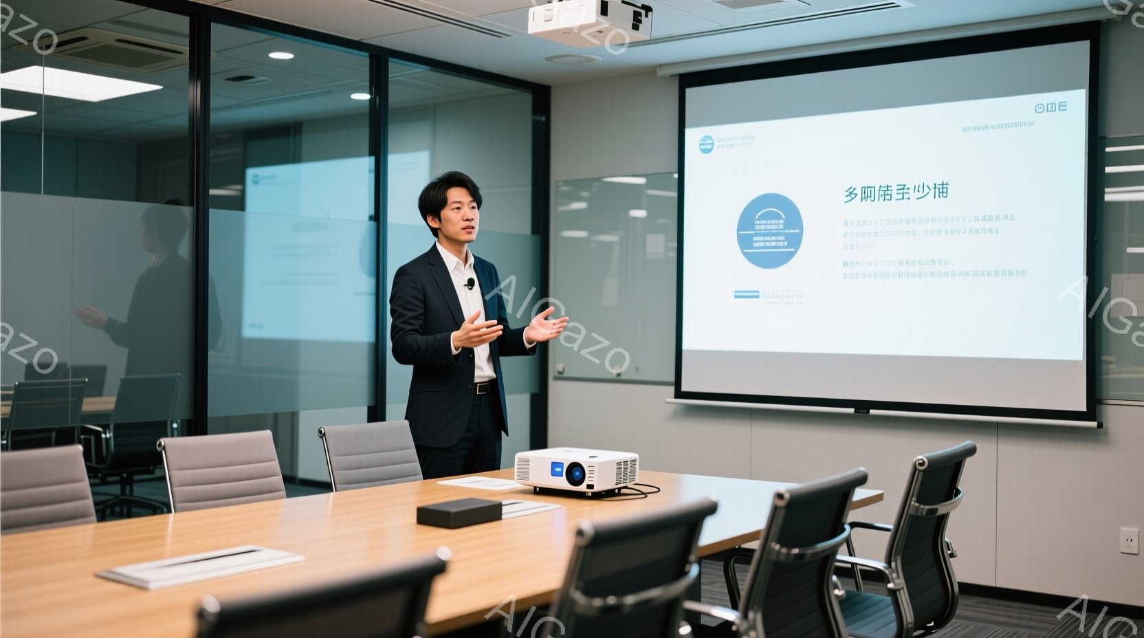 一人の男性が会議室でプレゼンテーションを行っている。彼は紺色のスーツに白いシャツを着ており、黒髪を短く整えている。彼の表情は真剣で、何かを説明している様子が伺える。