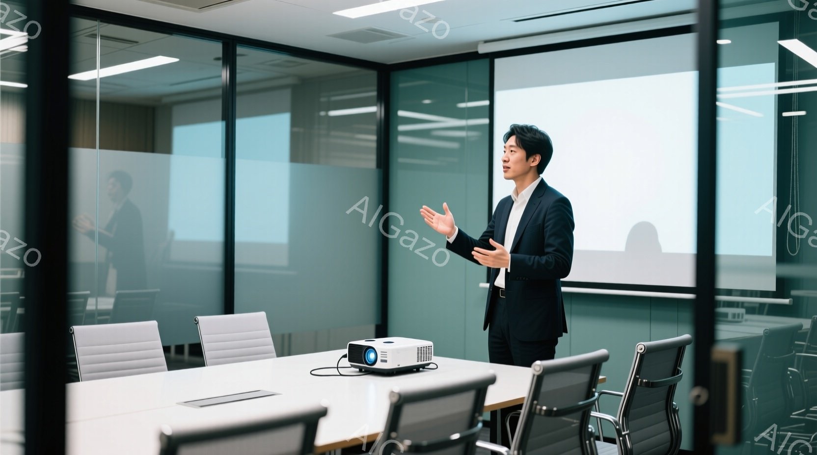 会議室で、男性が黒いスーツに白いシャツ姿で立って何かを説明している様子が写っている。彼は片手を上げてジェスチャーを交えながら、熱心に話しているように見える。背景には会議テーブルと椅子が整然と並び、壁に - AI生成フリー素材