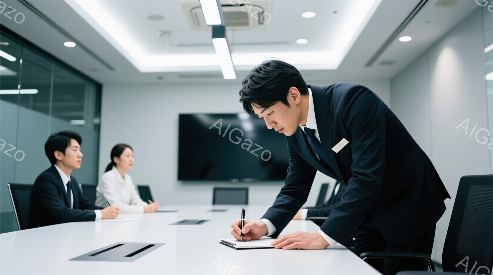 紺色のスーツを着た男性が、会議室のテーブルに身を乗り出し、ノートに何かを書き込んでいる。彼の後ろには、同じくスーツを着た女性と男性が座っており、全員真剣な表情をしている。背景は白を基調とした清潔感のあ - AI生成フリー素材