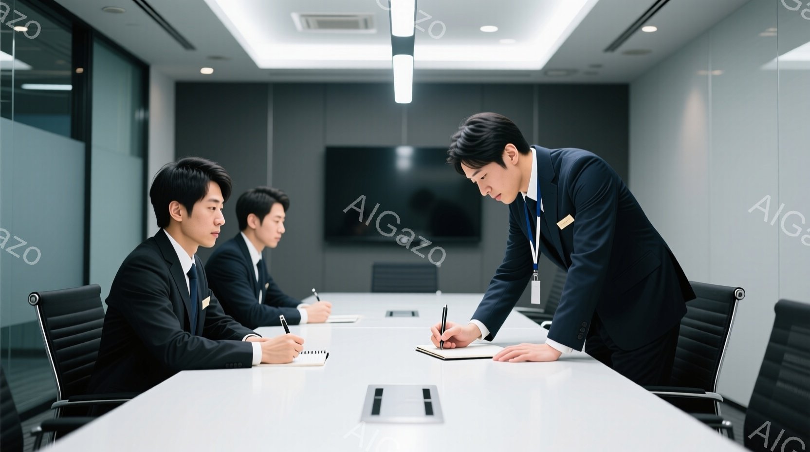 三人のビジネスマンが会議室で向かい合って座っています。全員が黒いスーツを着ており、髪型は整髪料で整えられています。一人は少し身を乗り出してメモを取り、他の二人は座って何かを書き込んでいます。