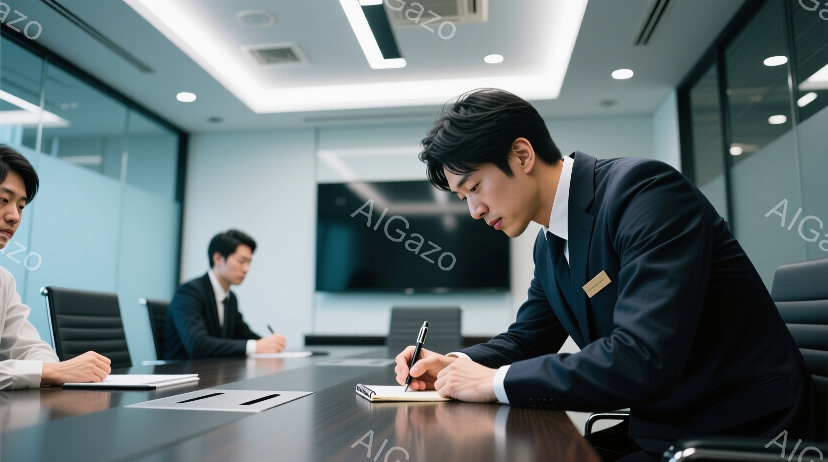 会議室でビジネスマンが複数名、黒いスーツを着用し、テーブルを挟んで向かい合っています。一人はノートに何かを書き込み、真剣な表情をしています。背景は明るいグレーの壁と大きなスクリーンがあり、全体的に落ち着いた雰囲気で、ビジネスシーンを表しています。